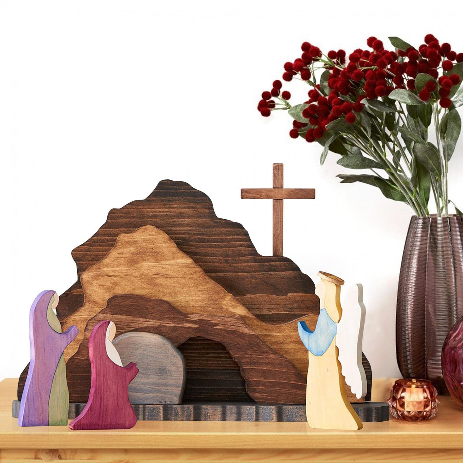 Easter Resurrection Scene Set - Wooden Jesus Nativity Table Decor, Christian Home Figurine Ornament for Spring, Perfect Easter Gift for Home & Church Decorations | Ideal for Easter Celebrations, Table Centerpieces & Religious Displays