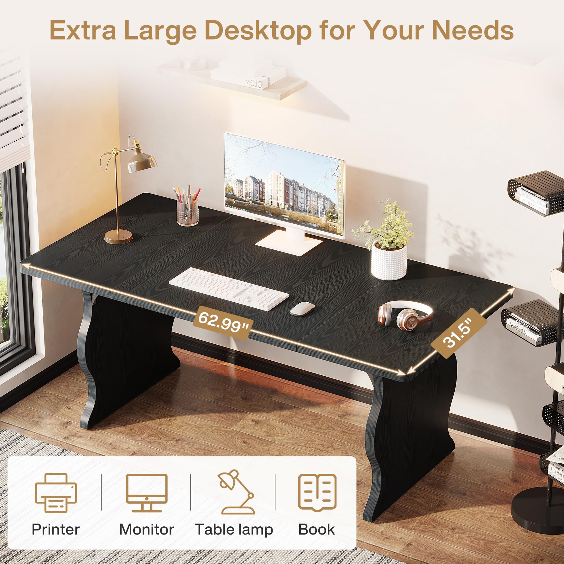 Tribesigns 63-Inch Large Executive Desk - Modern Computer Office Desk & Gaming Workstation with Sturdy Metal Legs, Black - Perfect for Home Office, PC Gaming & Writing Workspace
