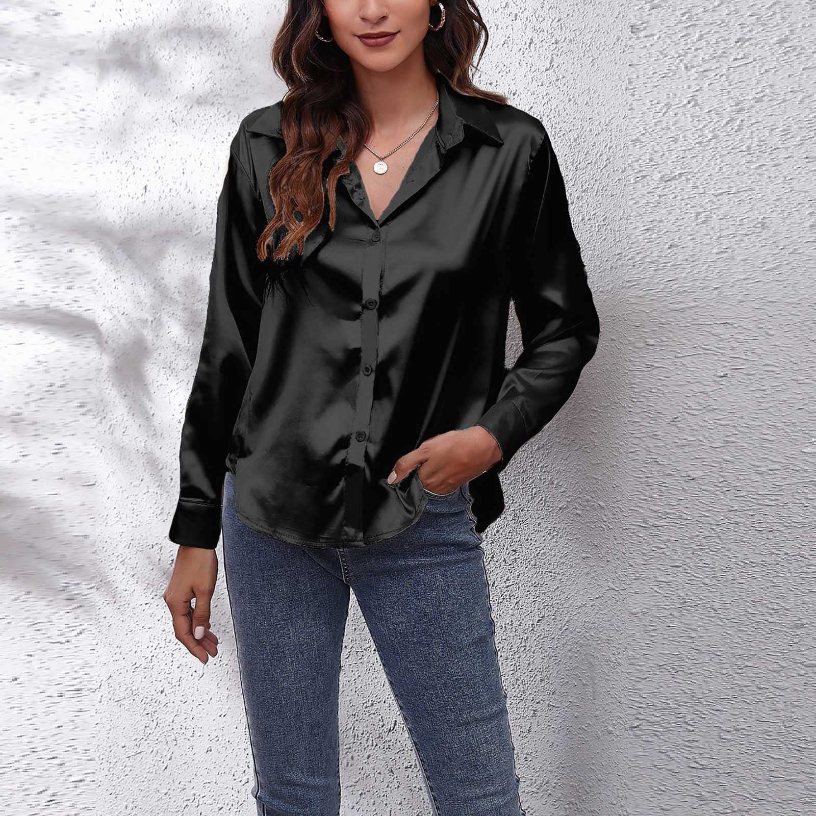 Women's Cool Smooth Silk Blouse - Casual Satin Button Down Shirt for Work & Lounge - Long Sleeve Silky Tunic Top for Office, Date Night & Everyday Wear