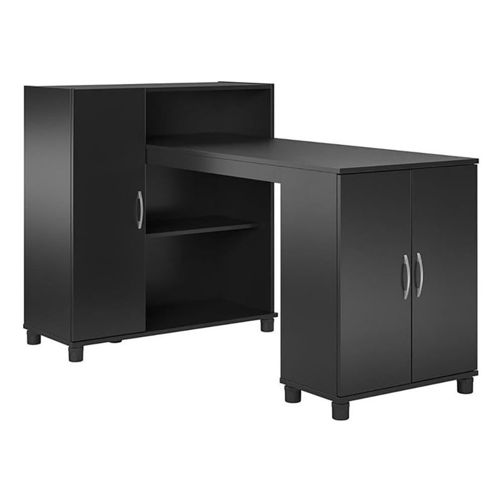 Pemberly Row Transitional Wood Hobby and Craft Desk with Storage Cabinet in Black - Perfect for DIY Projects, Home Office & Craft Room Organization