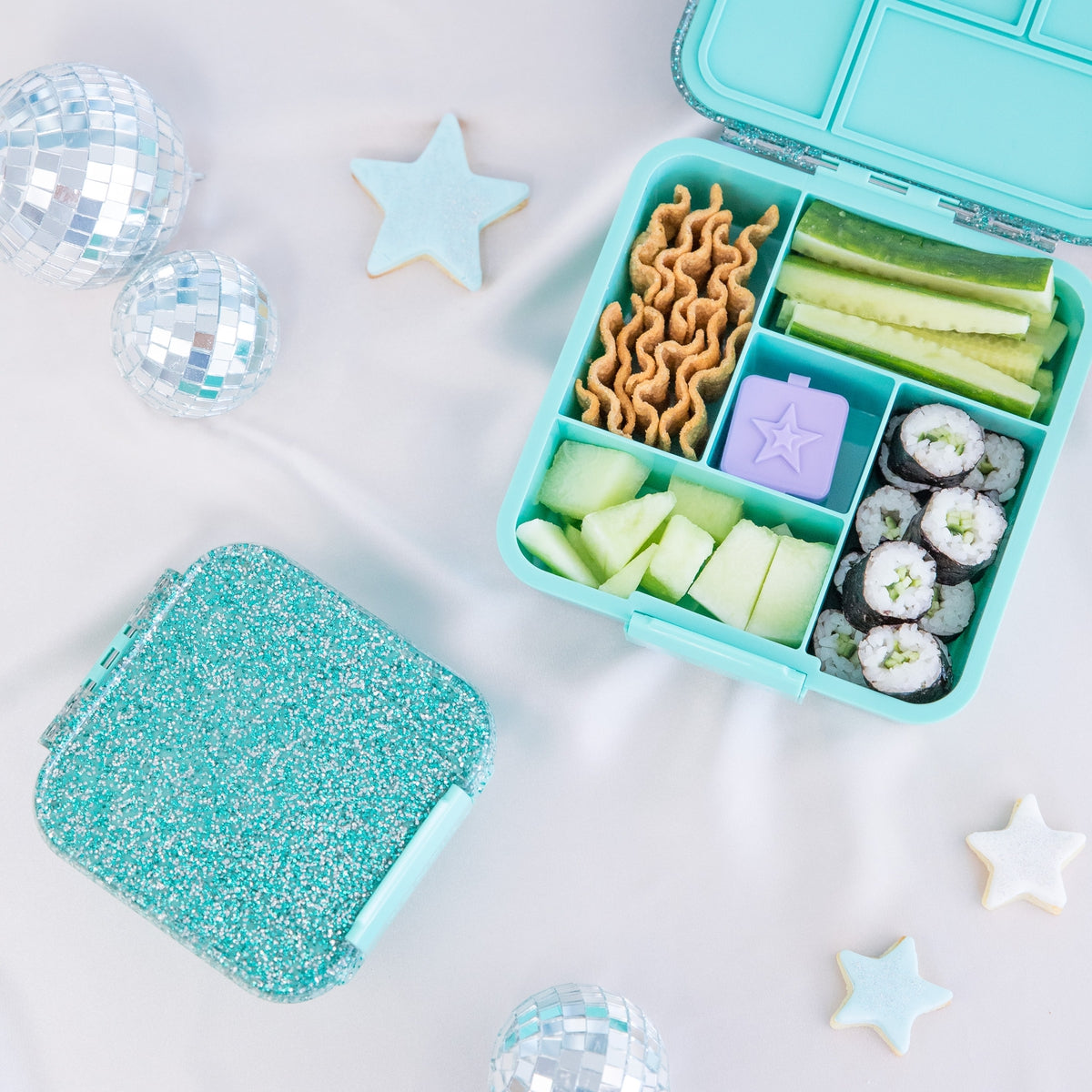 Montii.Co Bento 2 - Turquoise Glitter Lunch Box for Kids & Adults | Eco-Friendly, Leak-Proof Food Container | Perfect for School, Office, Picnics & Travel