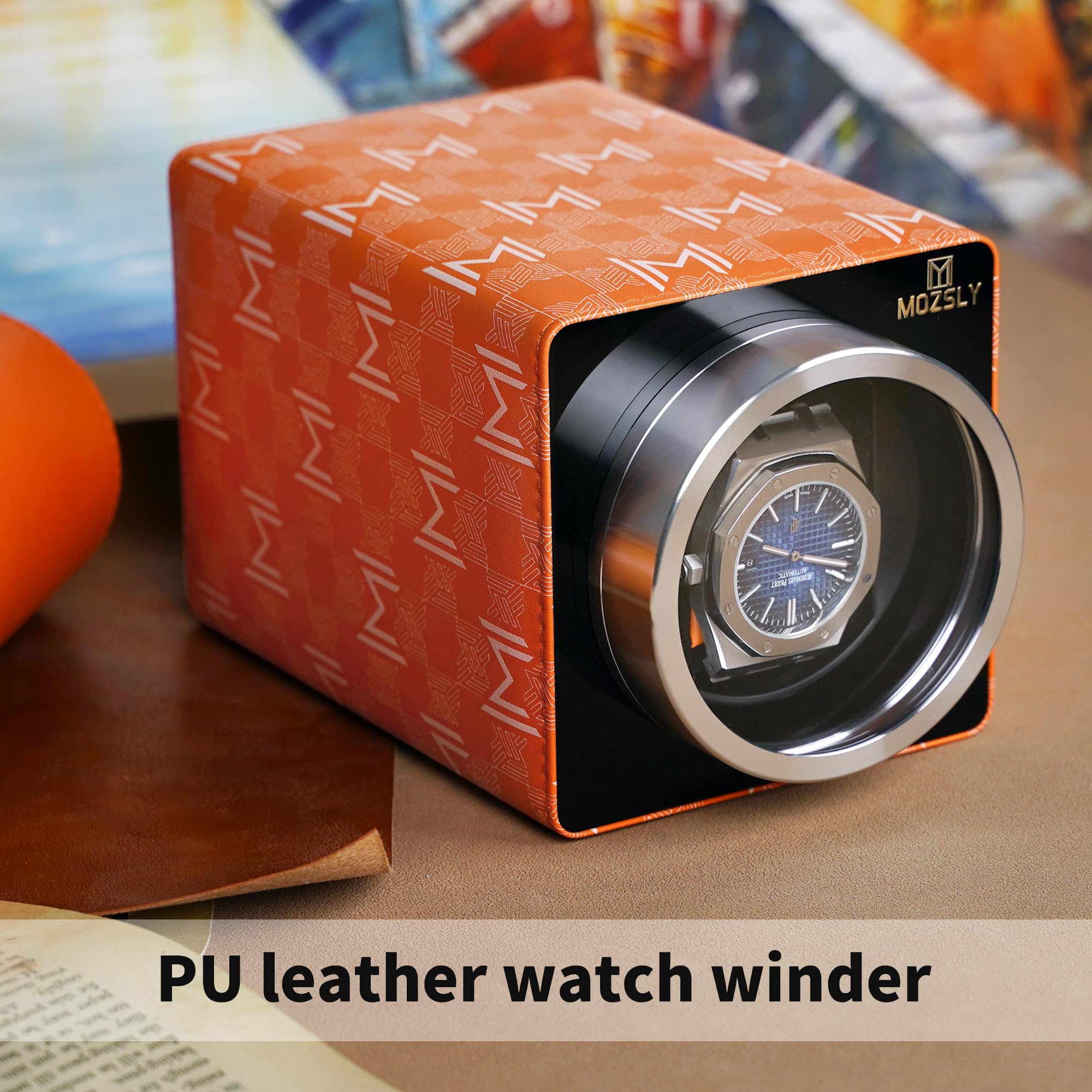 MOZSLY Single Watch Winder - Quiet Motor Automatic Watch Winder with 12 Rotation Modes & Genuine Leather Case - Perfect for Automatic Watch Storage & Display in Home, Office or Travel