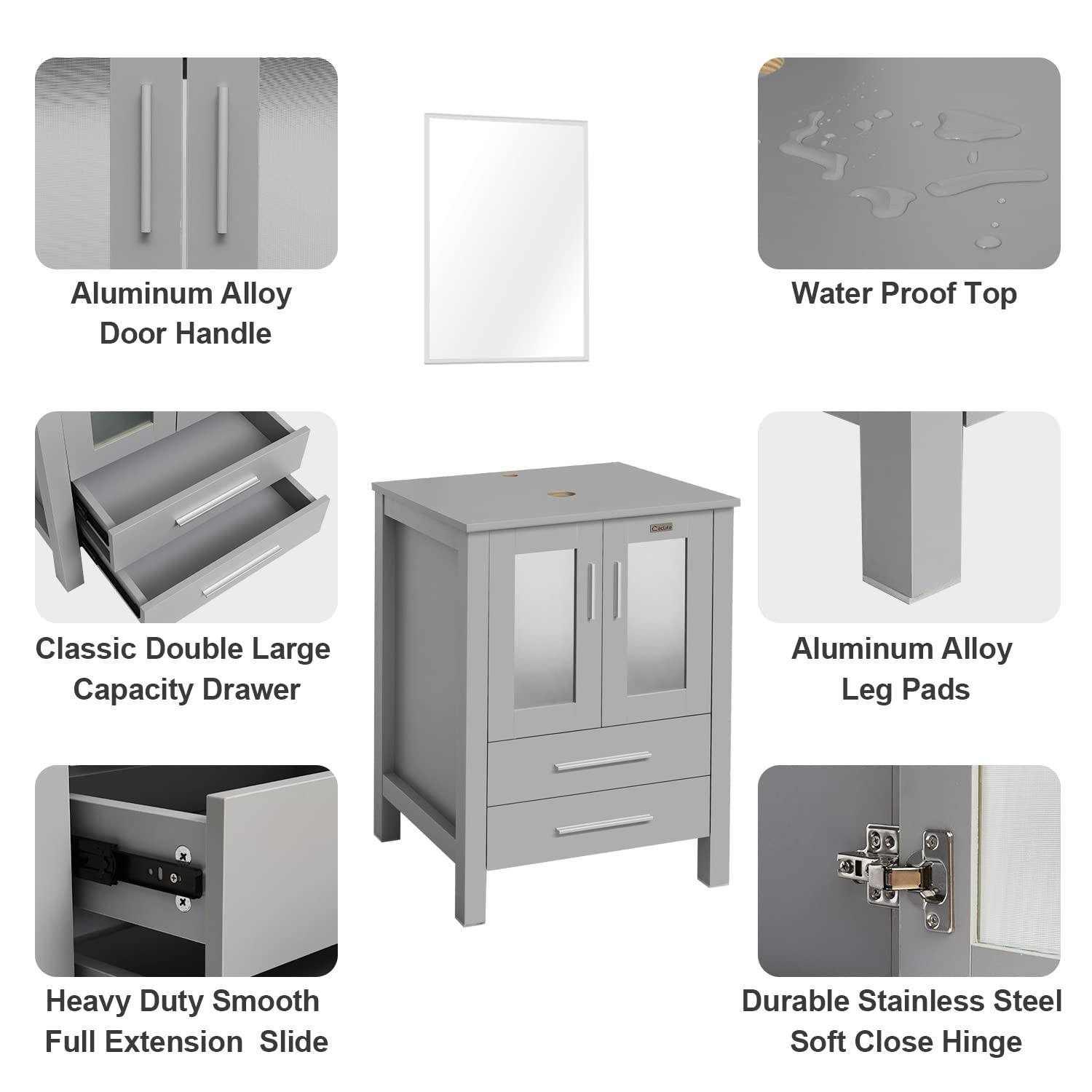 Eclife 24 Inch Modern Bathroom Vanity Set with Gray Stand Cabinet, Blue Boat Glass Vessel Sink, Water-Saving Faucet & Pop-Up Drain - Perfect for Small Bathrooms, Powder Rooms & Guest Baths (A29BU)