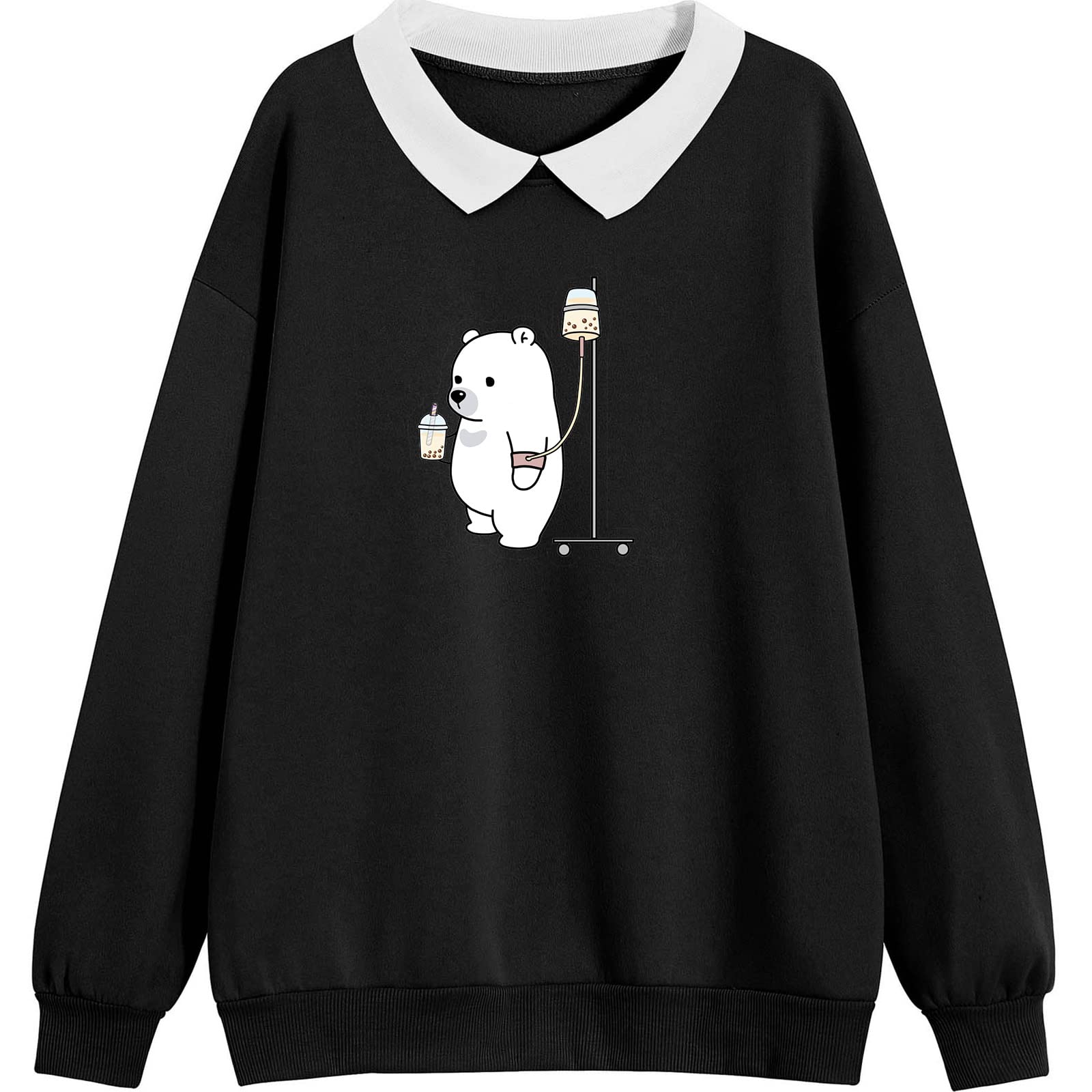 Cute Bear Milk Tea Print Graphic Sweatshirt for Teen Girls & Women - Loose Pullover Top with Turndown Collar | Fall Winter Fashion | Casual Wear, School Outfits, Coffee Dates