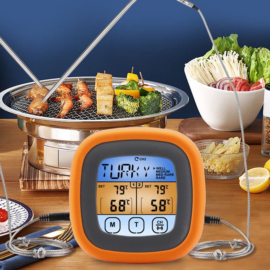 Wireless Touch Screen Digital Meat Thermometer - Dual Probe Food Thermometer with Large LCD Display, Backlight, Long Probe & Kitchen Timer for Grilling, Smoking, Baking & Cooking