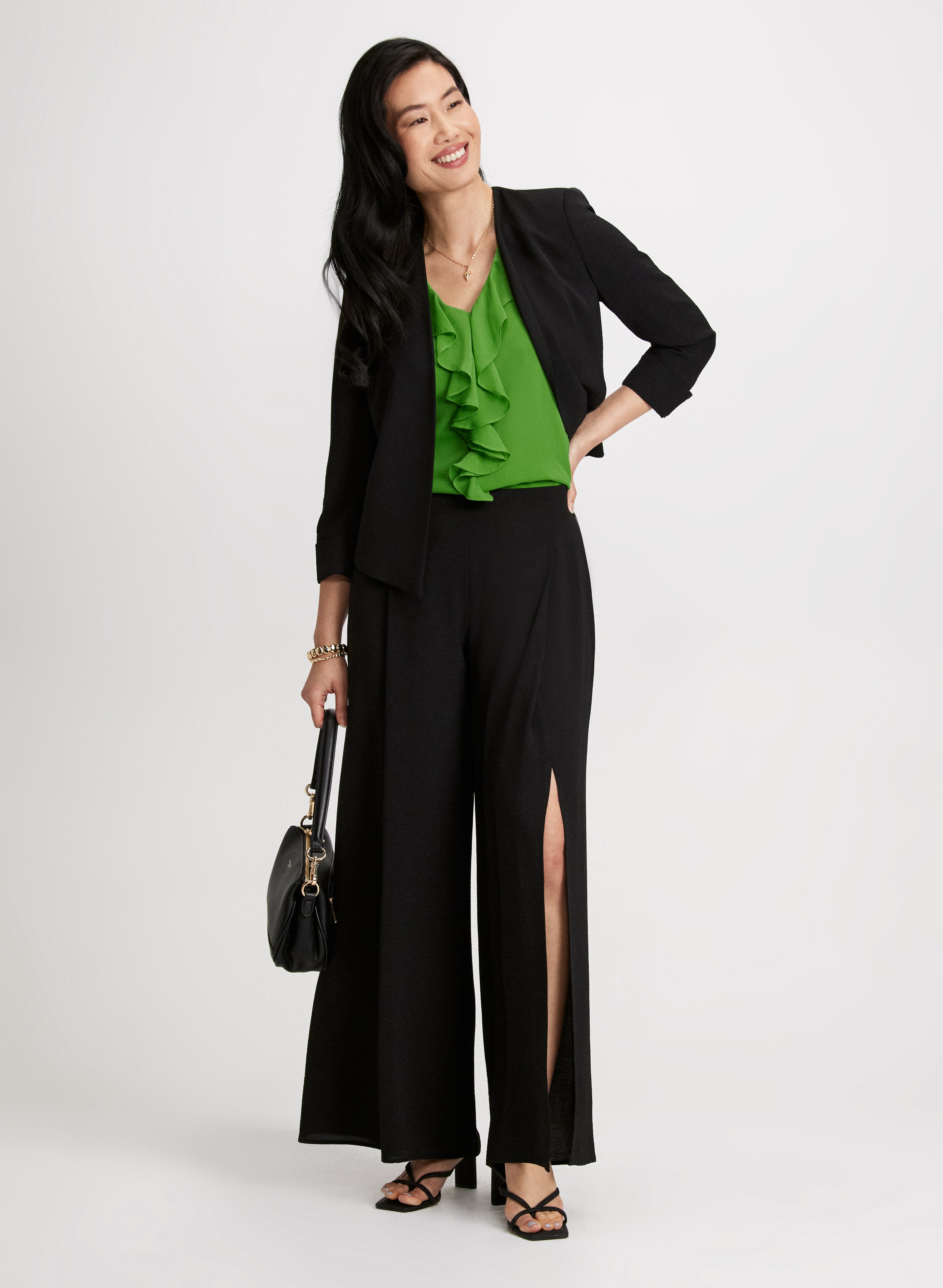 Cropped Open Front Jacket & Slit Wide Leg Pants Set - Women's Fashion Outfit for Casual Wear, Office, and Date Night