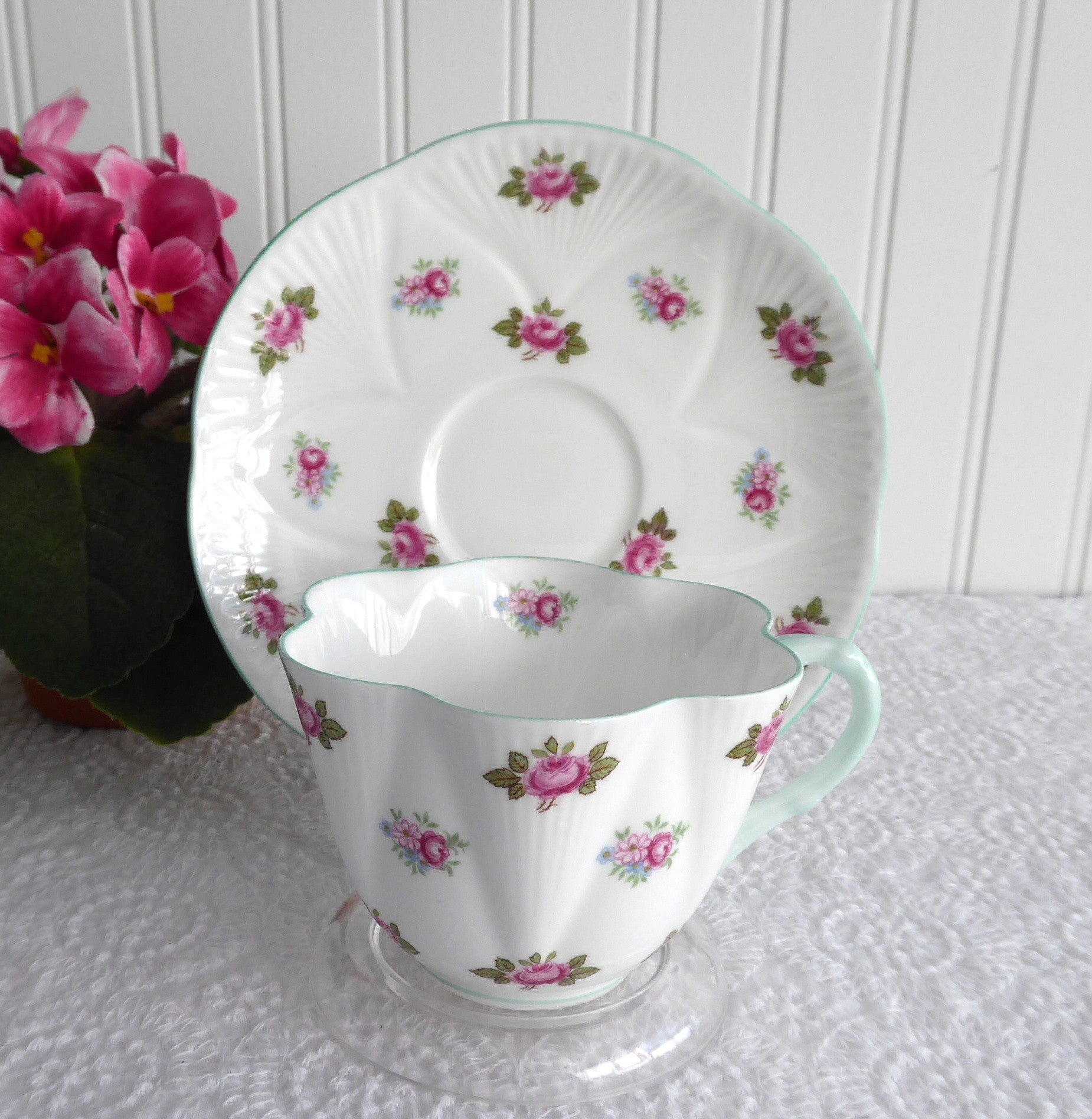 Elegant Shelley Teacup and Saucer Set - Vintage Rosebud Design with Blue Trim, Fine Bone China - Perfect for Afternoon Tea, Bridal Showers & English Tea Parties