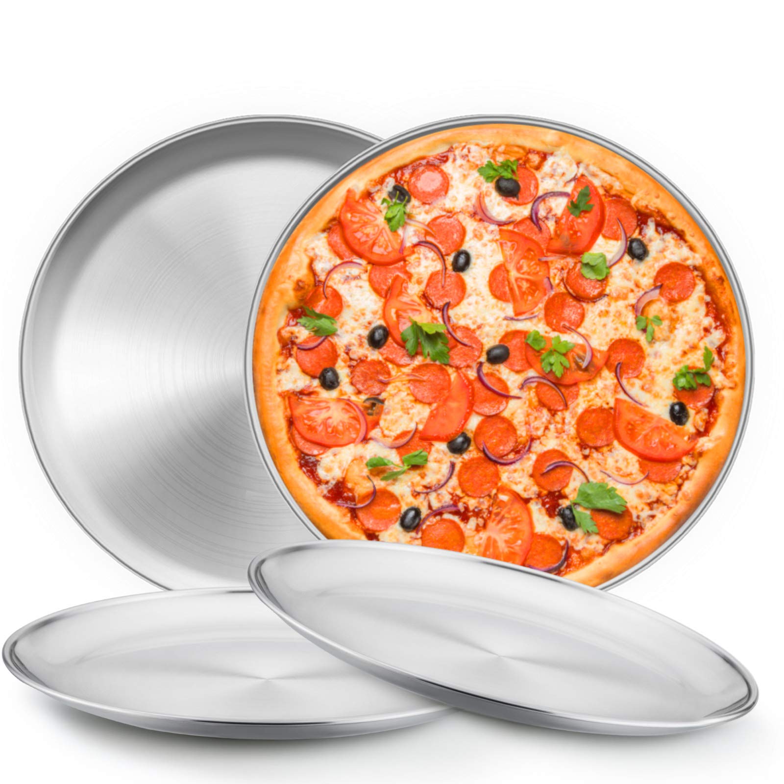 E-far 13.5 Inch Stainless Steel Pizza Pan Set of 4 - Non-Toxic Metal Baking Trays for Oven, Dishwasher Safe - Perfect for Homemade Pizza, Bread, Cookies & Party Serving