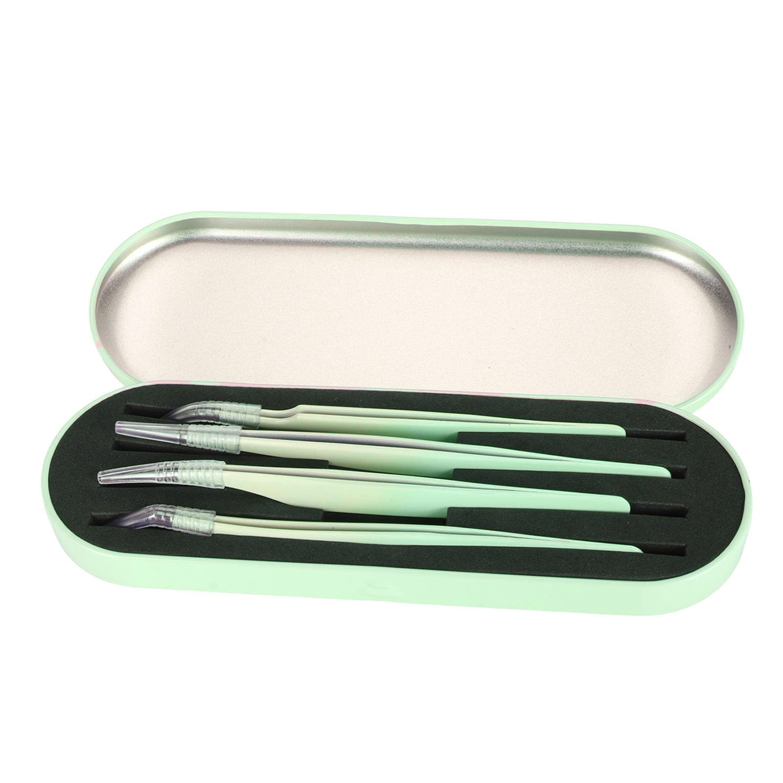 Professional 4Pcs Eyelash Extension Tweezers Kit - High Hardness Stainless Steel, Smooth & Ergonomic Design for Perfect Lash Application | Ideal for Home Use, Salon Professionals & Party Makeup (Green)