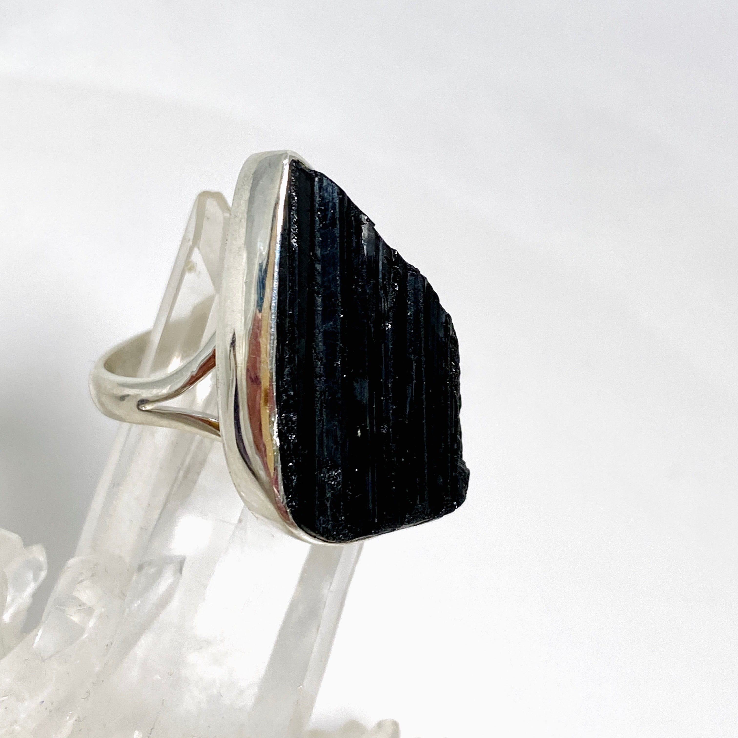 Black Tourmaline Teardrop Raw Split Band Ring - Size 10 - Natural Gemstone Jewelry for Women - KRGJ3276 - Perfect for Healing, Protection & Spiritual Energy in Daily Wear