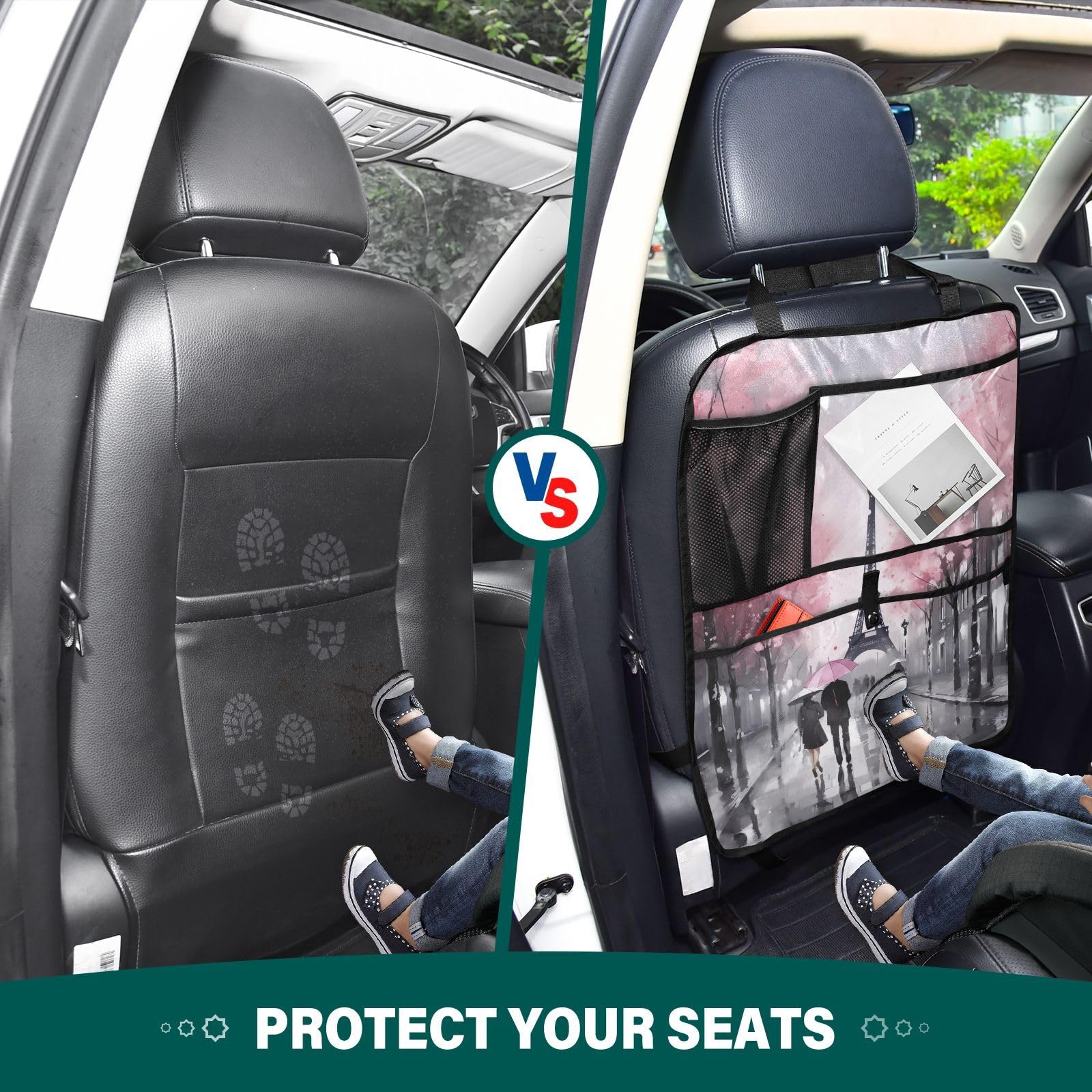 Sinestour Waterproof Eiffel Tower Paris Car Back Seat Protector - 2 Pack Kick Mats with Storage Pockets for Kids, Dirt & Mud Protection - Perfect for Family Road Trips, School Runs & Pet Travel Accessories