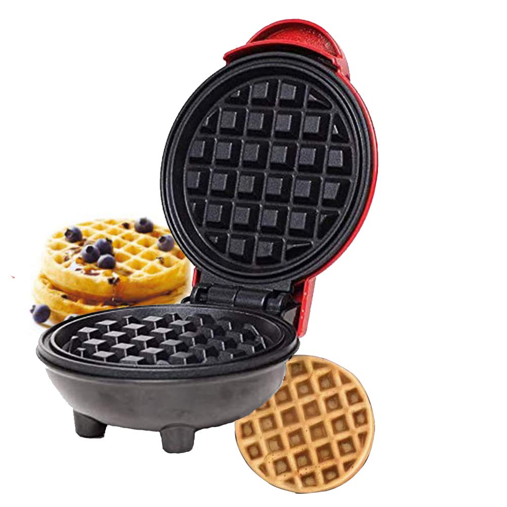 Mini Waffle Maker - Portable Electric Round Waffle Iron for Individual Waffles, Paninis, Hash Browns | Perfect for Breakfast, Lunch & Snacks On-The-Go | Compact & Easy to Use | Ideal for Home, Office, Dorm & Travel - Red