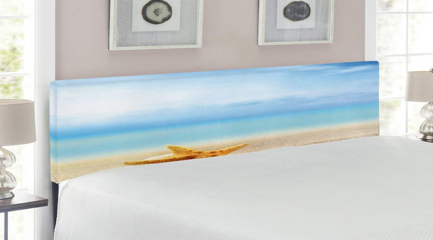 Ambesonne Starfish Upholstered Headboard King Size - Scallop Seashell Ocean Beach Design with Memory Foam, Decorative Metal Bed Frame for Coastal & Nautical Bedroom Decor | Perfect for Beach House, Guest Room or Master Bedroom