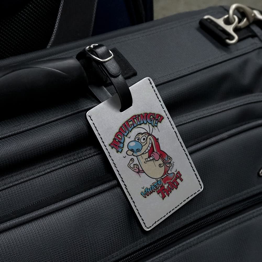 Ren and Stimpy 'Adulting What's That?' Rectangle Leather Luggage Tag - Vintage Cartoon Inspired ID Card Holder for Travel Bags, Suitcases & Backpacks | Perfect Gift for 90s Nostalgia Fans