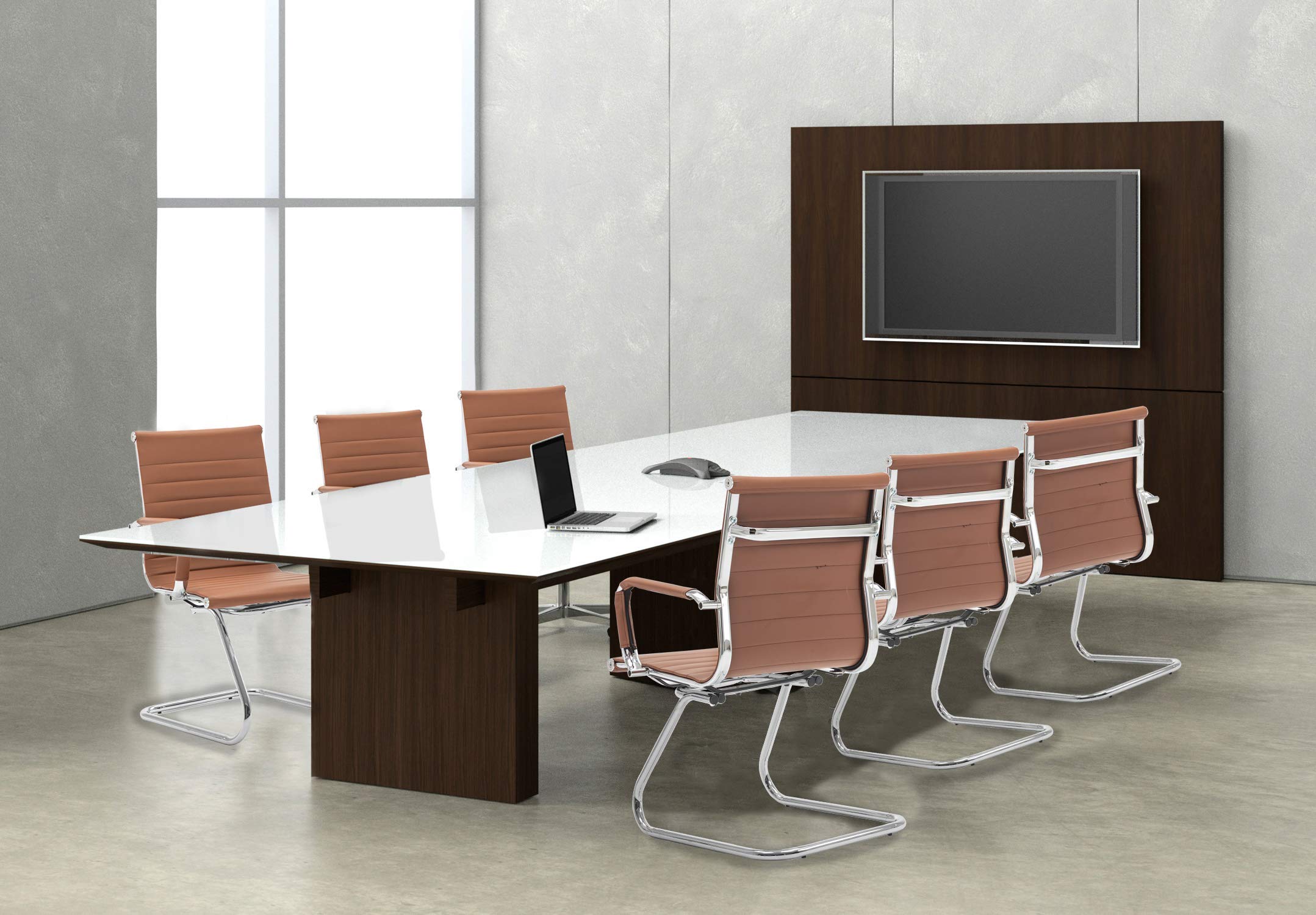 Guyou 4-Piece Office Reception Guest Chairs Set - Mid Back PU Leather Conference Chairs with Arms & Metal Sled Base (Coffee) - Perfect for Waiting Rooms, Lobbies, and Business Meetings