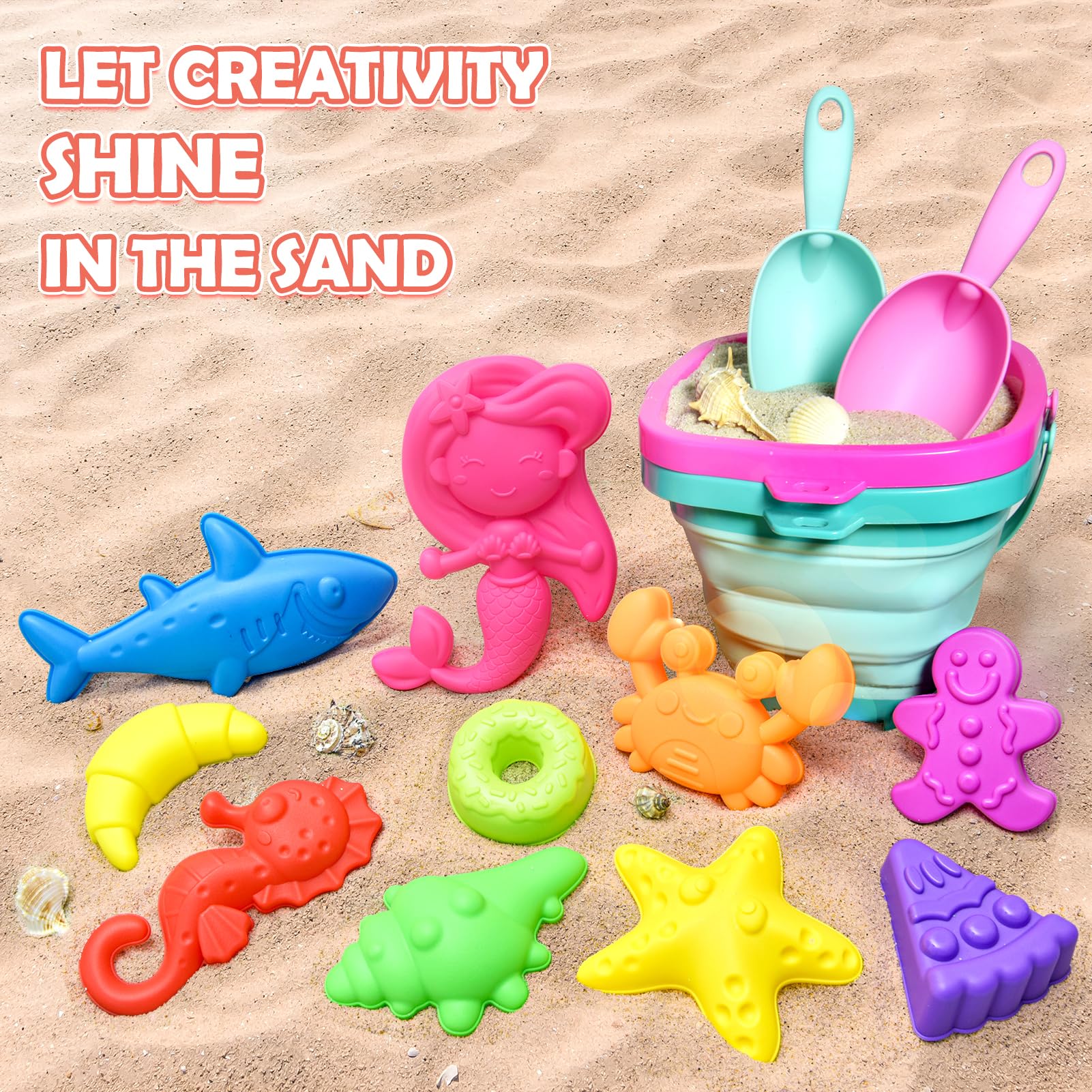 Foldable Beach Toys for Kids - 2 Pack Collapsible Sand Buckets, Mesh Storage Bags, Animal Shaped Sand Molds & Shovel Set for Toddlers Ages 3-7 | Perfect for Sandcastle Building, Beach Trips & Outdoor Summer Play