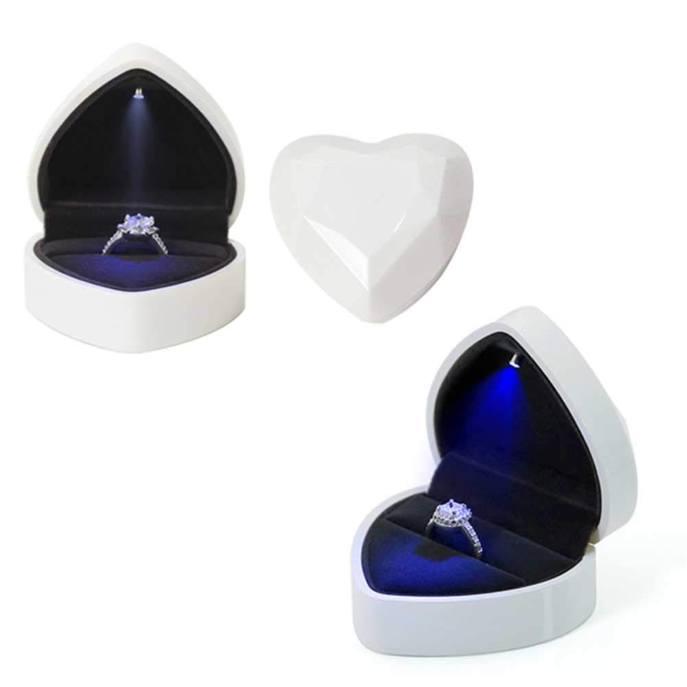 Heart-Shaped Velvet Ring Box with LED Light - Elegant Wedding Jewelry Box for Proposal & Engagement (White) - Perfect for Surprise Proposals, Wedding Gifts & Anniversary Celebrations