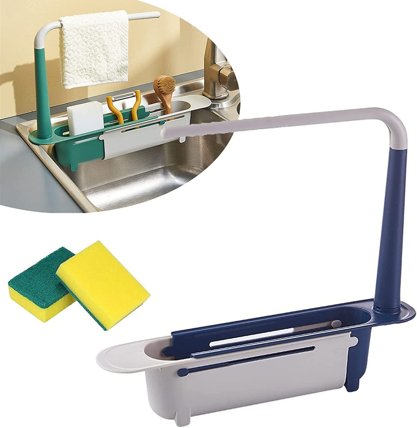Climbtop Expandable Kitchen Sink Organizer - Adjustable Length Dish Drainer with Soap Sponge Holder & Dishcloth Hanger - Space Saving Storage Tray for Dishes, Utensils & Cleaning Supplies (Blue) - Perfect for Small Kitchens, Apartments & RVs