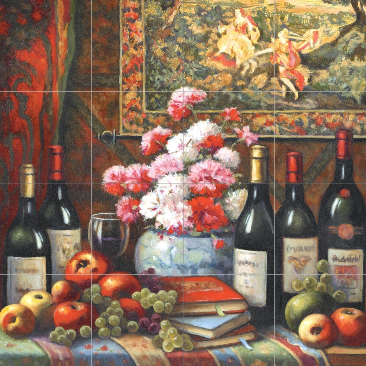 John Zaccheo Wine Themed Ceramic Backsplash Tile Mural - Elegant Wine & Floral Design for Kitchen Decor | Perfect for Home Renovation & Wine Cellar Accent Wall