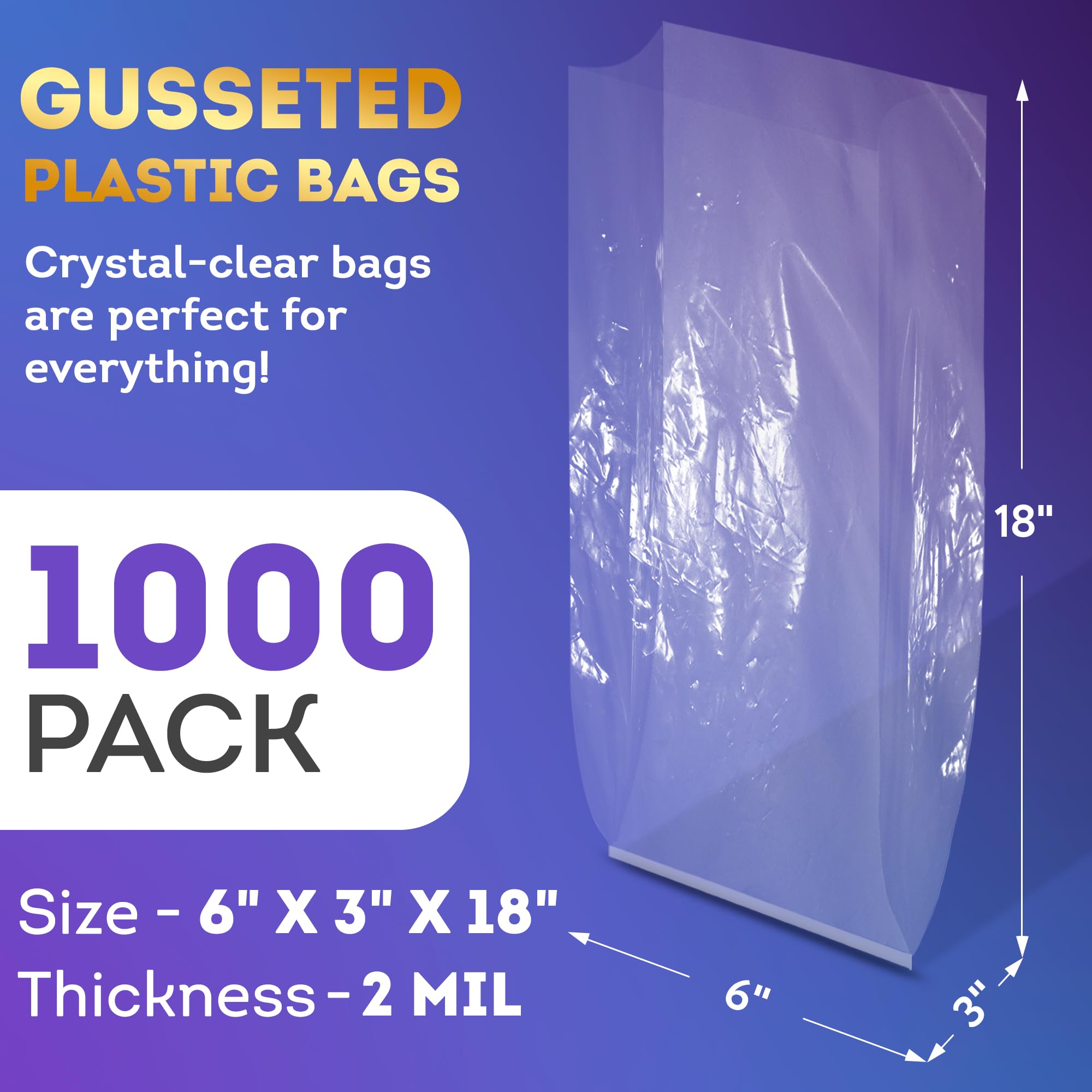 APQ Clear Gusseted Poly Bags 6x3x18 Inches - 1000 Pack Waterproof Flat Bottom Plastic Bags with Open Top - 2 Mil Thick Clear Packaging Bags for Popcorn, Cookies, Bread - Perfect for Party Favors, Bakery Storage & Retail Packaging
