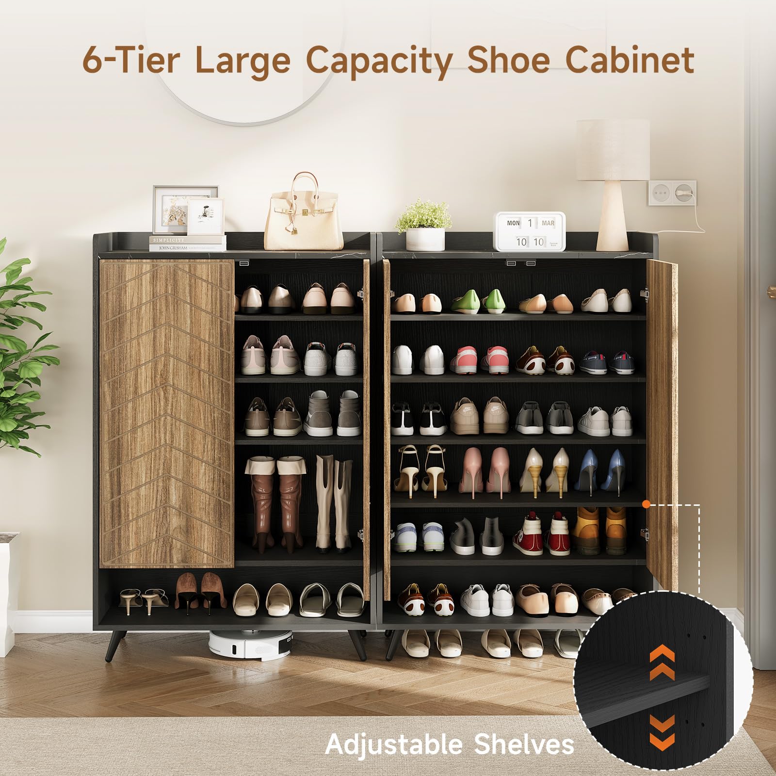 6-Tier Adjustable Shoe Storage Cabinet with Doors - Freestanding Shoe Organizer for Entryway, Hallway & Living Room - Black & Brown Shoe Rack with Bottom Storage Cubby - Perfect for Small Spaces & Clutter-Free Home Organization