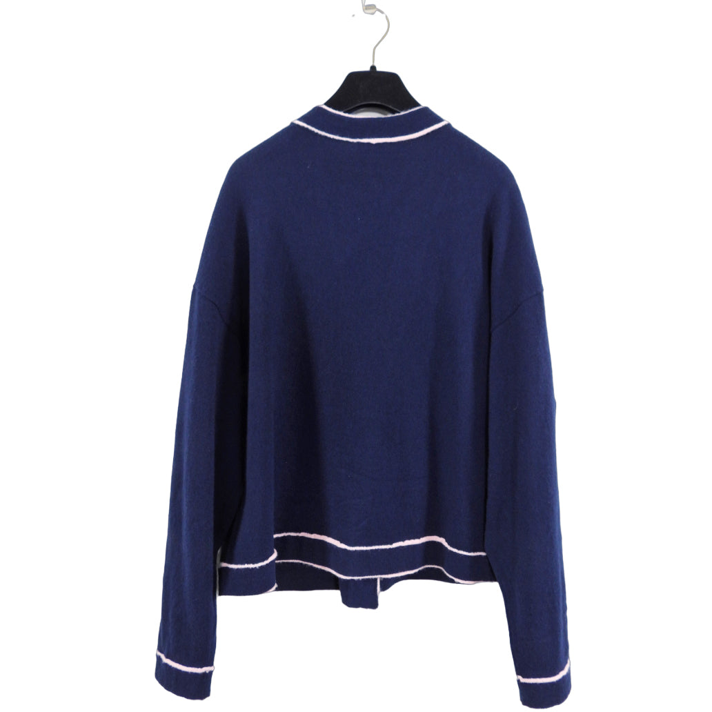 Chanel 21S Navy and Pink No. 5 Cashmere Cardigan Sweater Women's Size FR42 / US10 - Luxury Knitwear for Fall & Winter Fashion, Office Wear & Special Occasions
