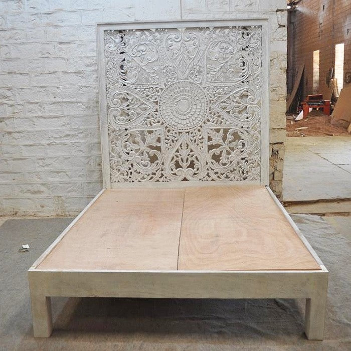 Hand Carved Solid Wood Indian Kerri Bed Frame in White - Elegant & Durable Bedroom Furniture for Master Suite or Guest Room