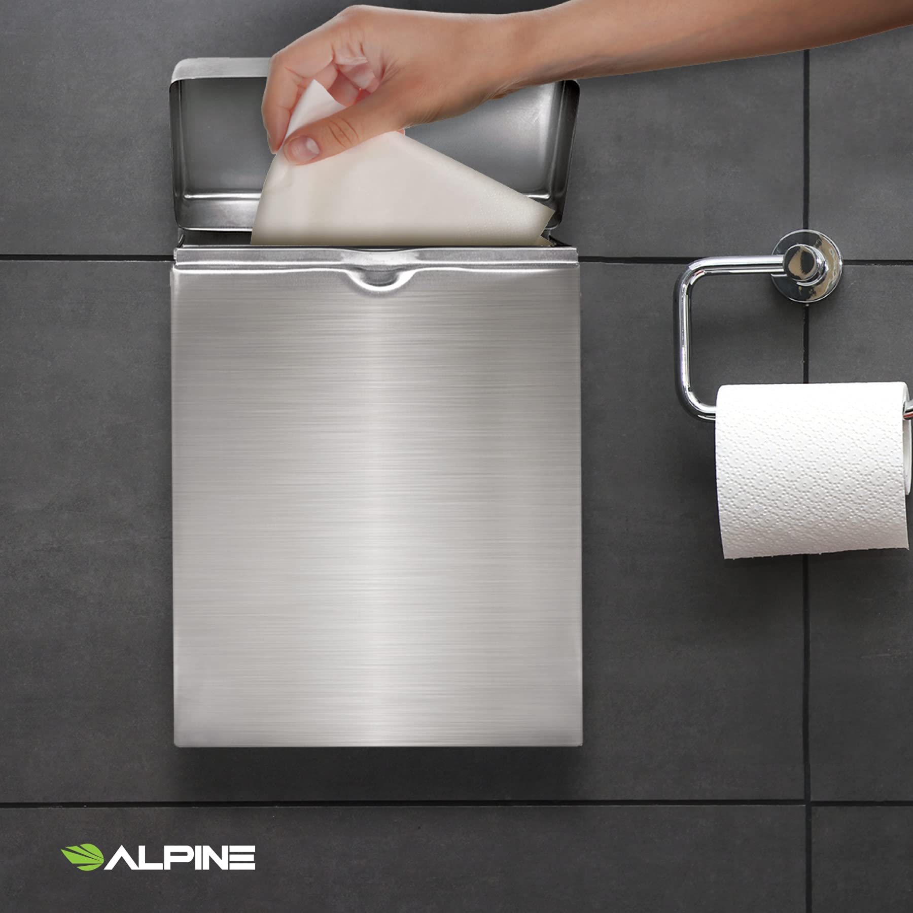 Alpine Industries Single Toilet Paper Holder with Shelf Storage Rack & Sanitary Napkin Receptacle Set - Bathroom Organizer for Home, Office, and Public Restrooms