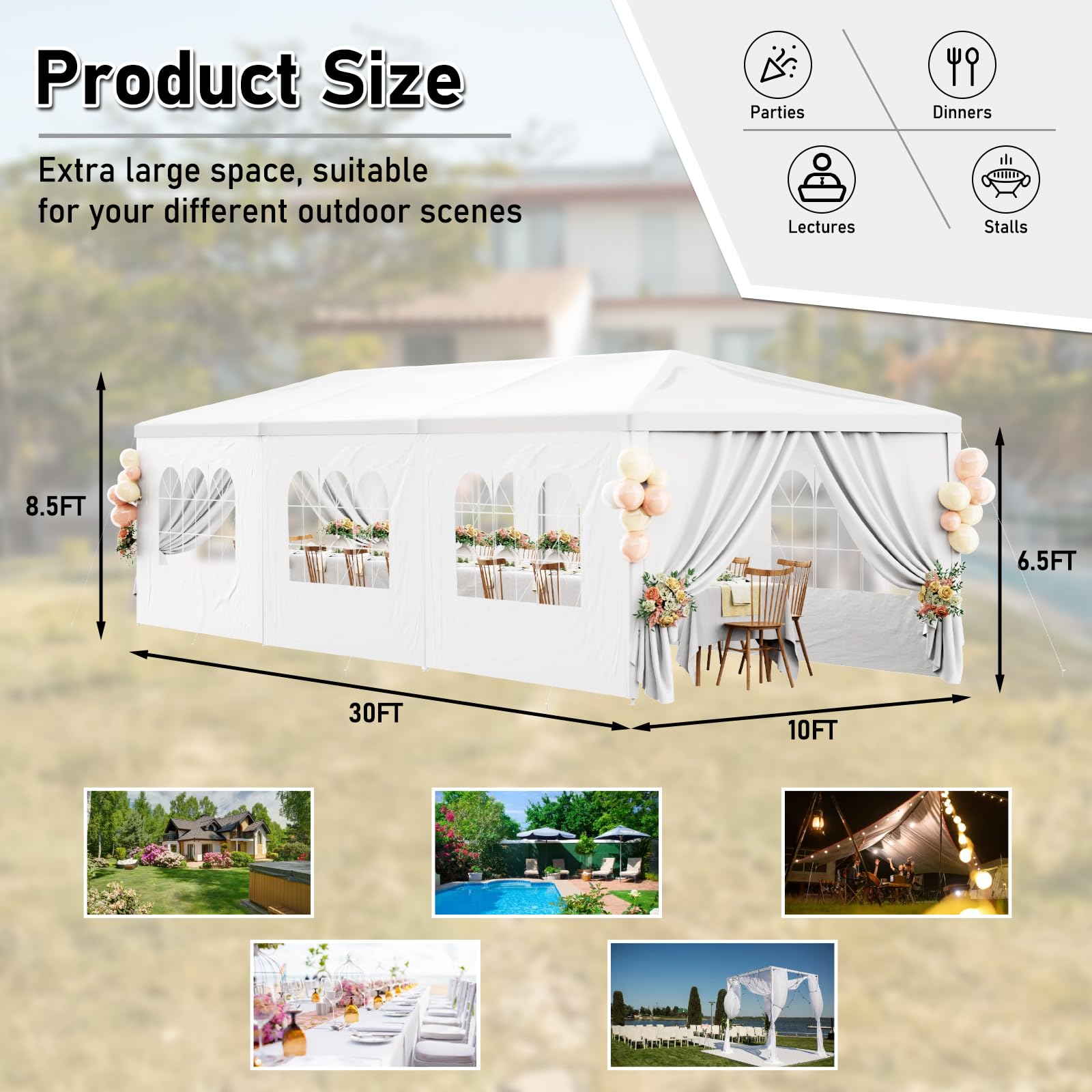 10x30 White Party Tent - Heavy Duty Outdoor Canopy with 8 Removable Sidewalls for Weddings, BBQ, Graduation & Backyard Events | Waterproof Patio Gazebo Shelter for Garden Parties, Birthday Celebrations & Outdoor Gatherings