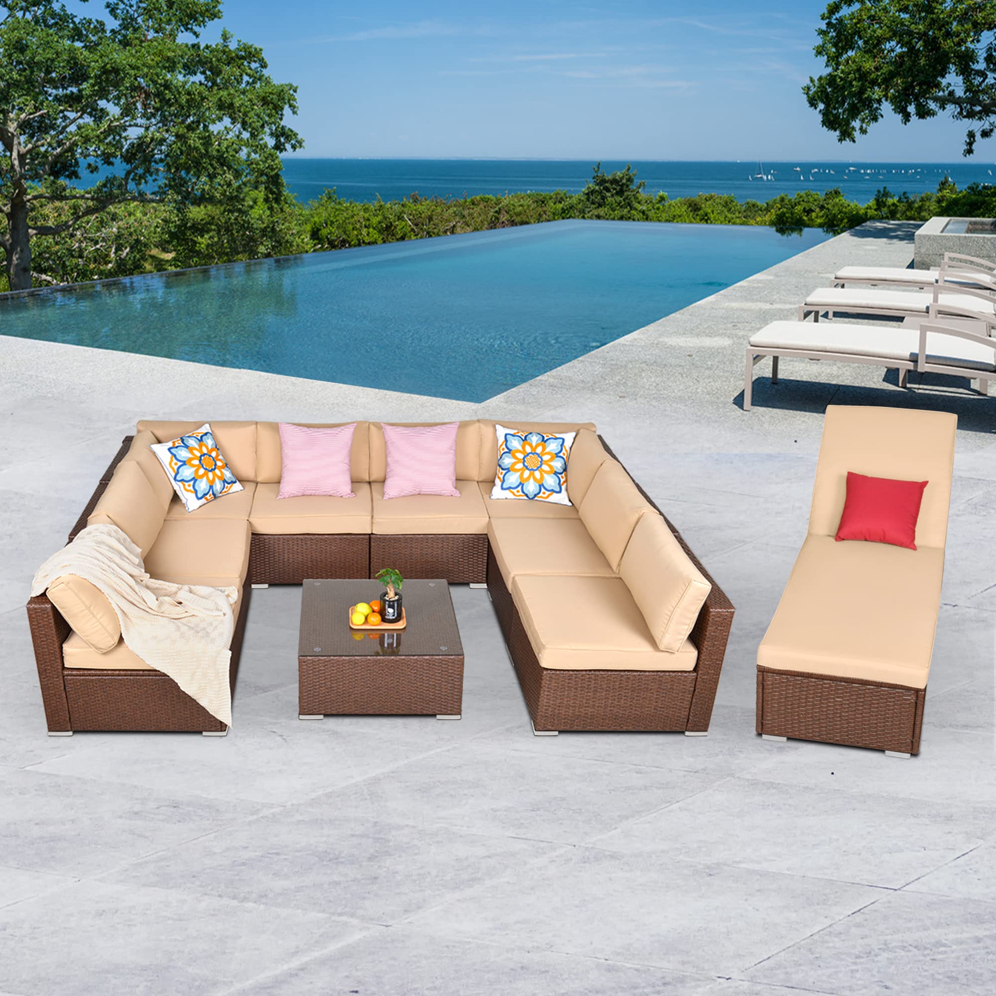 10-Piece All-Weather Wicker Patio Furniture Set with Chaise Lounge Chairs, Outdoor Sectional Sofa & Coffee Table - Beige - Perfect for Backyard, Poolside & Garden Relaxation