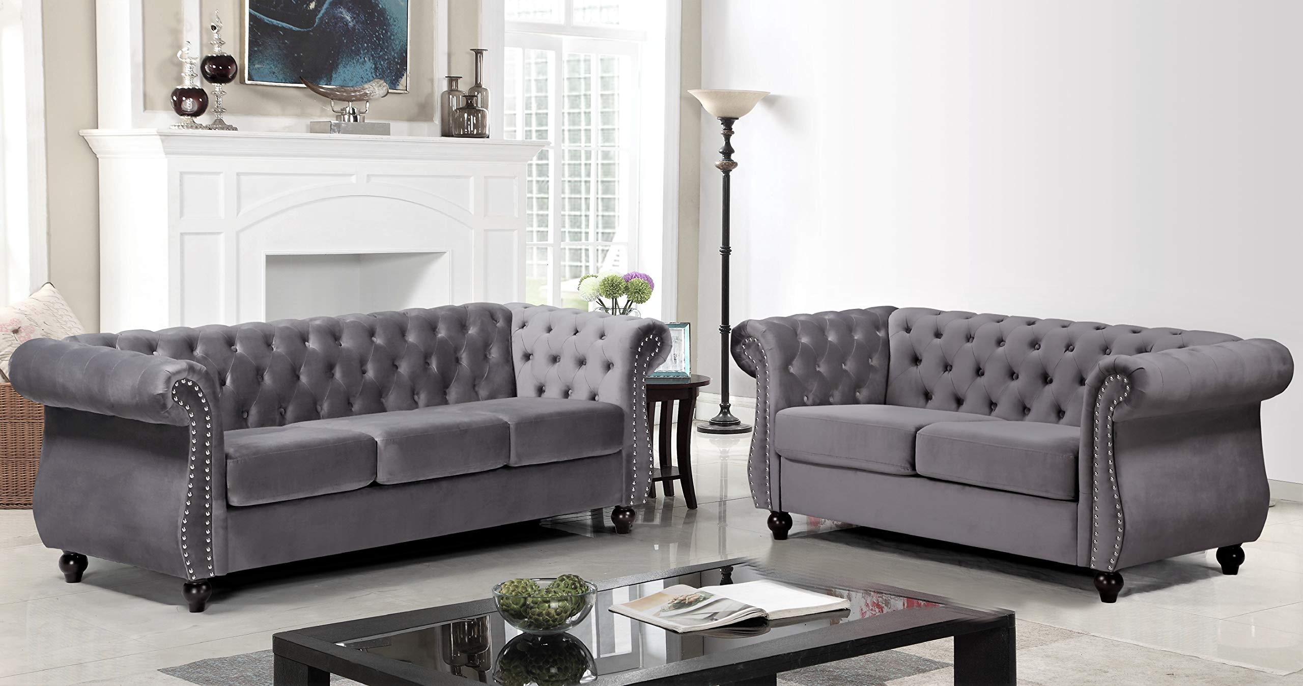 Modern Velvet Chesterfield Loveseat Sofa with Diamond Tufting & Nailhead Trim - Durable Metal Frame Living Room Couch in Gray - Perfect for Small Spaces, Apartments & Cozy Home Decor