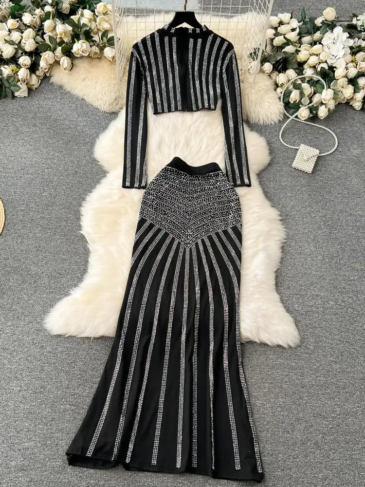 Elegant Black Diamond Two-Piece Set for Women - O-Neck Long Sleeve Top & High Waist Fishtail Skirt | Y2K Fashion Outfit for Fall Parties, Date Nights and Office Wear