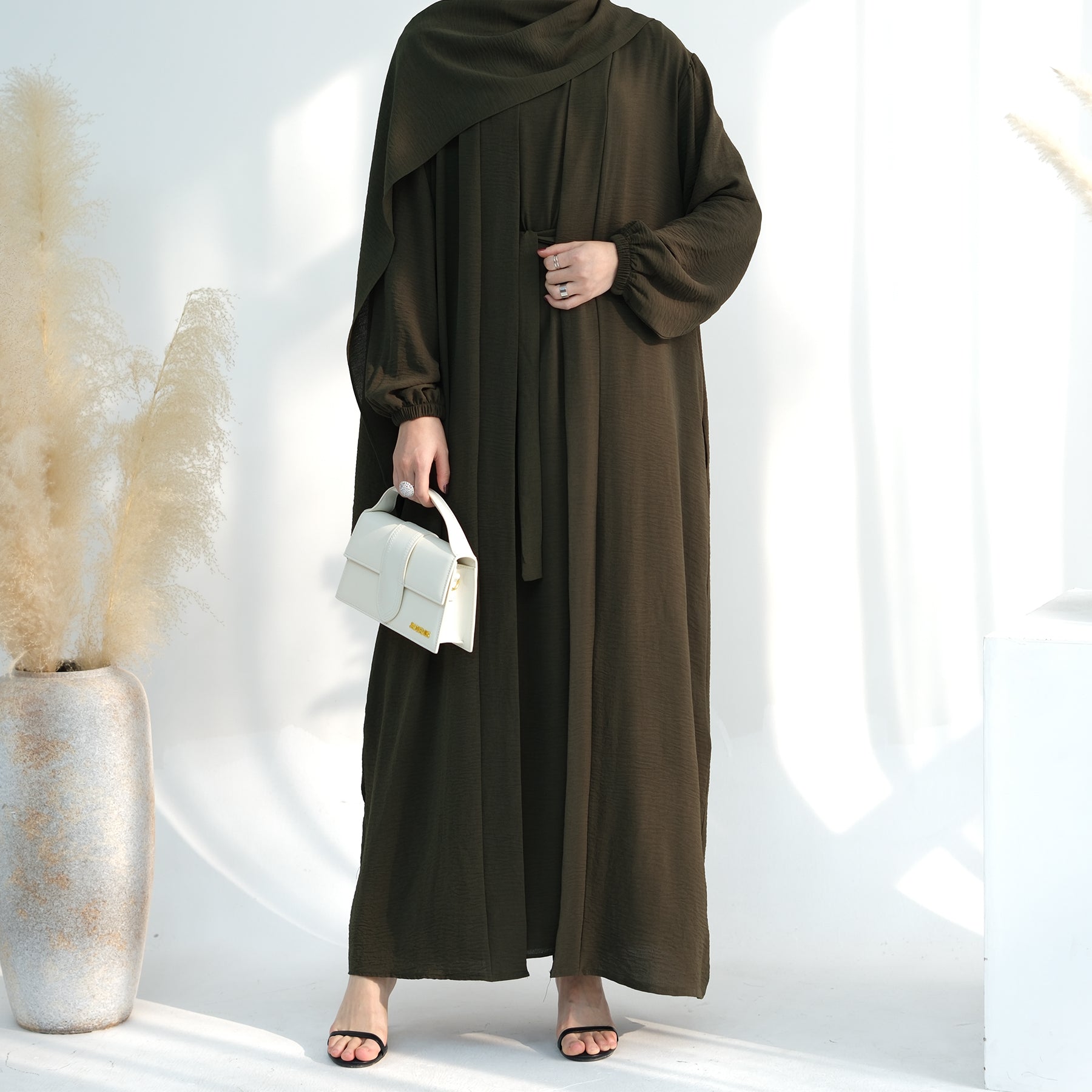 Lareina 3 Piece Abaya Set - Olive Green Islamic Prayer Dress for Women | Modest Muslim Clothing for Prayer, Mosque & Special Occasions