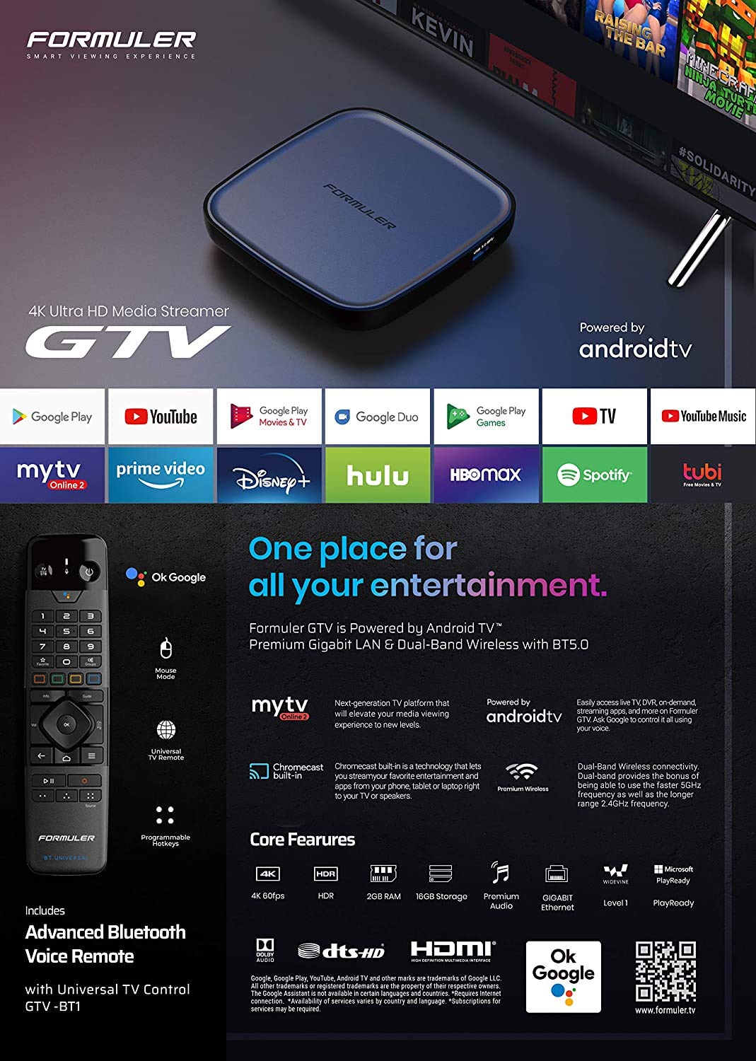 Formuler GTV Certified Android TV 9.0 Box with Bluetooth Remote - Includes Free Air Mouse with Backlit Keyboard for Streaming, Gaming & Home Entertainment