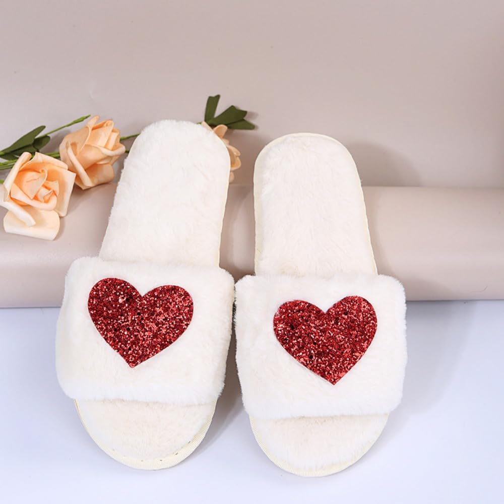 Women's Heart Fuzzy Slippers - Soft Fluffy Cozy House Slides with Open Toe for Indoor Comfort - Perfect for Brides, Lounging & Gift Giving