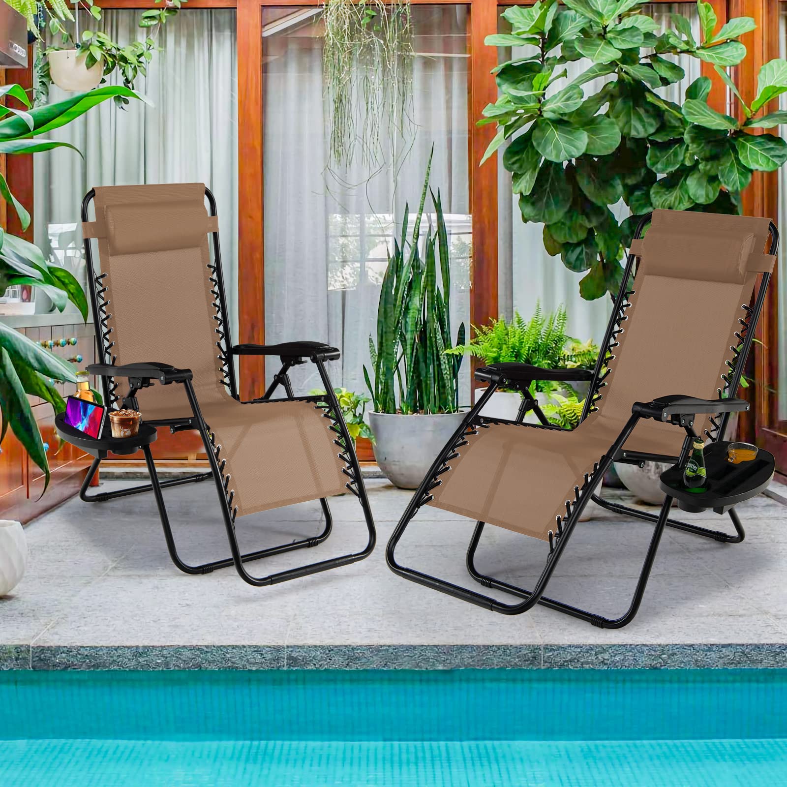 Goplus Zero Gravity Lounge Chairs - 160° Adjustable Folding Recliner with Pillow & Cup Holder, 350LBS Capacity - Comfortable Outdoor Patio Chairs for Backyard, Poolside, Beach & Camping (1-Pack, Beige) - Perfect for Relaxing, Sunbathing & Outdoor Leisure