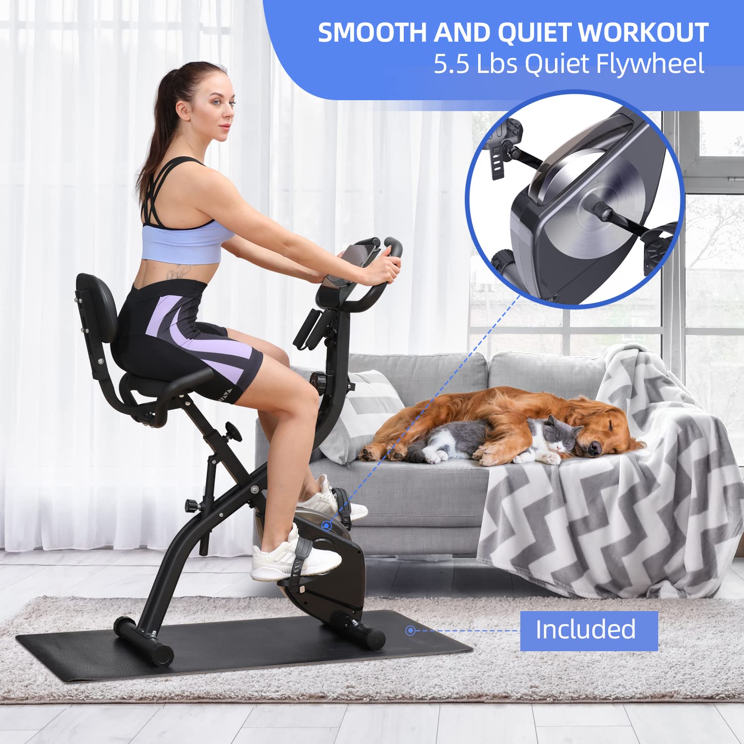 Foldable Exercise Bike for Home Gym - Sportneer 4-in-1 Indoor Cycling Bike with 16-Level Magnetic Resistance, Arm Resistance Bands & PVC Floor Mat | Perfect for Cardio, Strength Training & Small Space Workouts