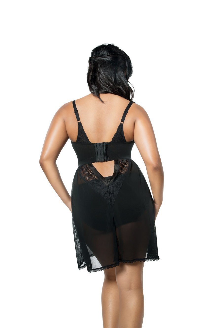Parfait Mia Lace Chemise Nightgown - Black Satin Sleepwear for Women, Elegant Lace Trim Slip Dress for Bridal, Honeymoon & Romantic Nights