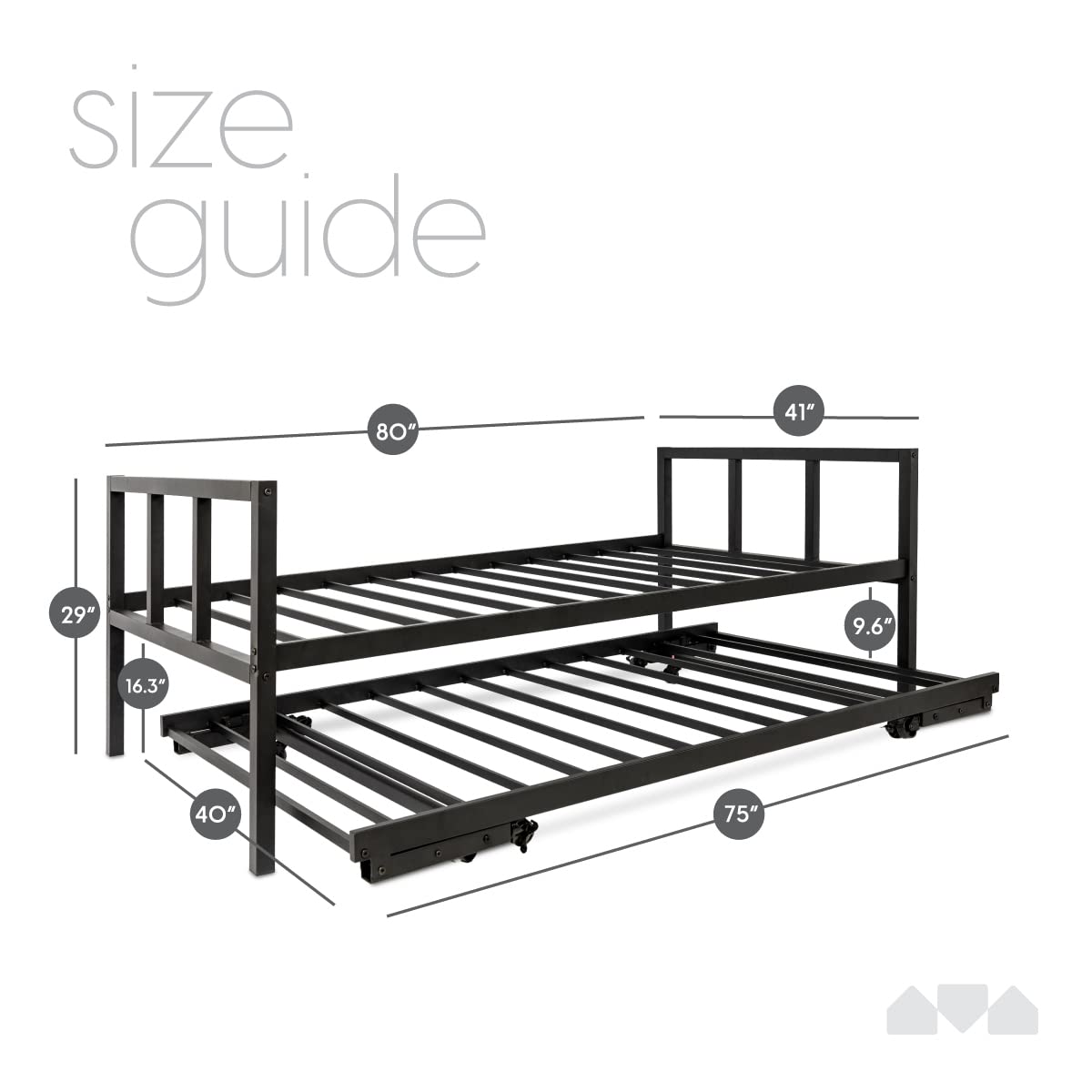 Milliard Twin Size Daybed with Fold-Up Trundle - Black Metal Frame Bed for Guest Room & Small Spaces (Mattress Not Included) - Perfect for Sleepovers, Dorm Rooms & Home Offices
