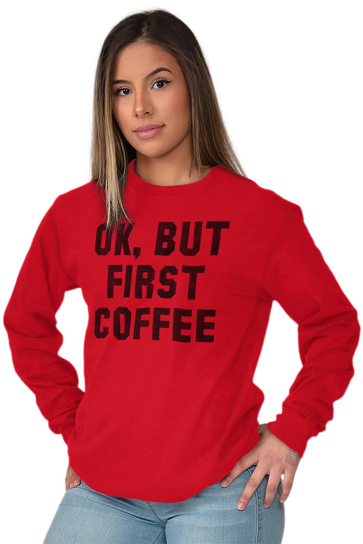 Brisco Brands 'Ok But First Coffee' Long Sleeve T-Shirt for Men & Women - Perfect for Morning Gym Workouts & Casual Wear