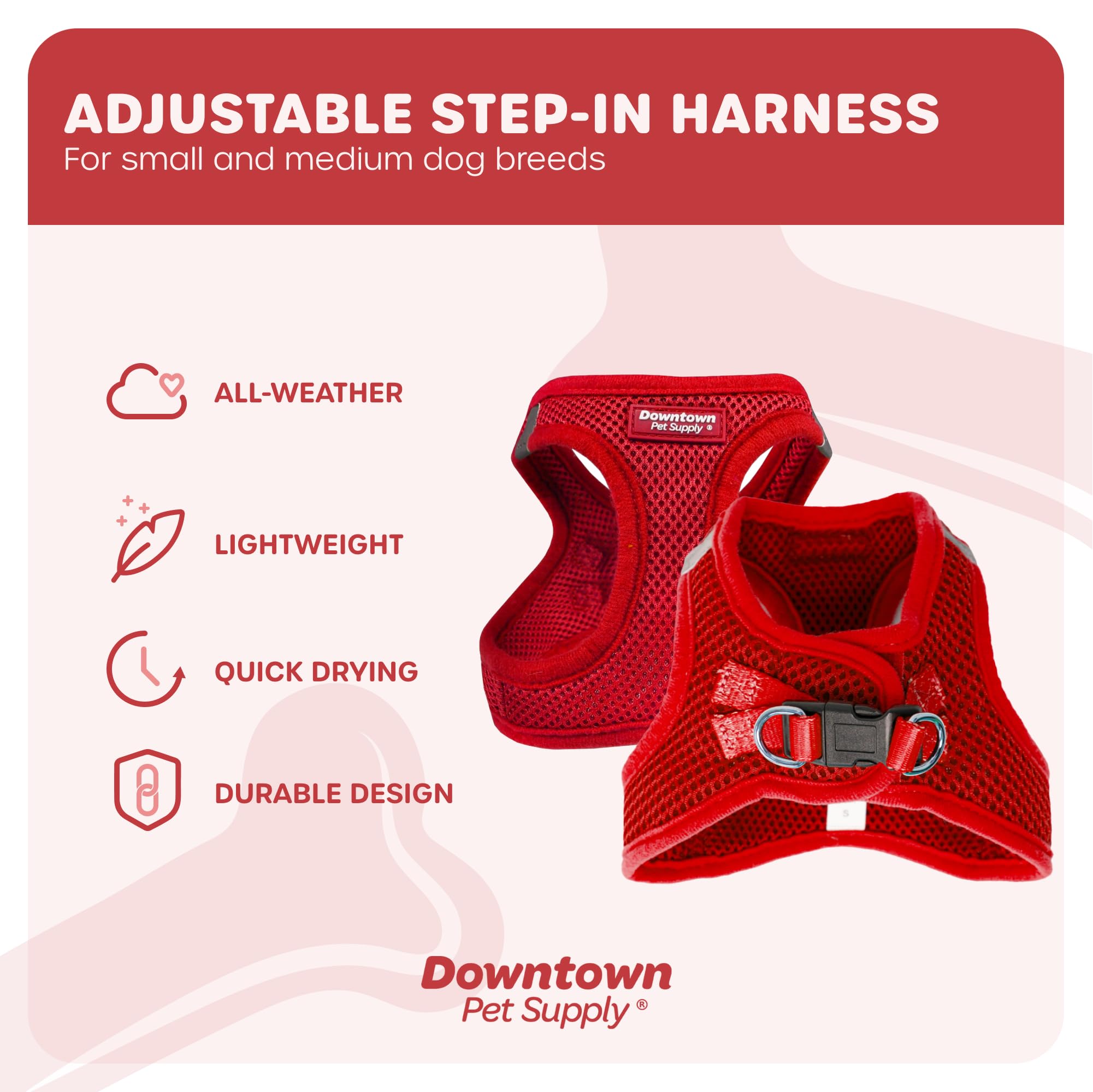 Downtown Pet Supply Step-in No-Pull Dog Harness for Small Dogs & Cats - XX-Small Adjustable Pet Harness with Padded Mesh Fabric & Reflective Trim - Lightweight Buckle Strap Harness for Teacup Puppies (Red) - Perfect for Walking, Training & Outdoor Adventures