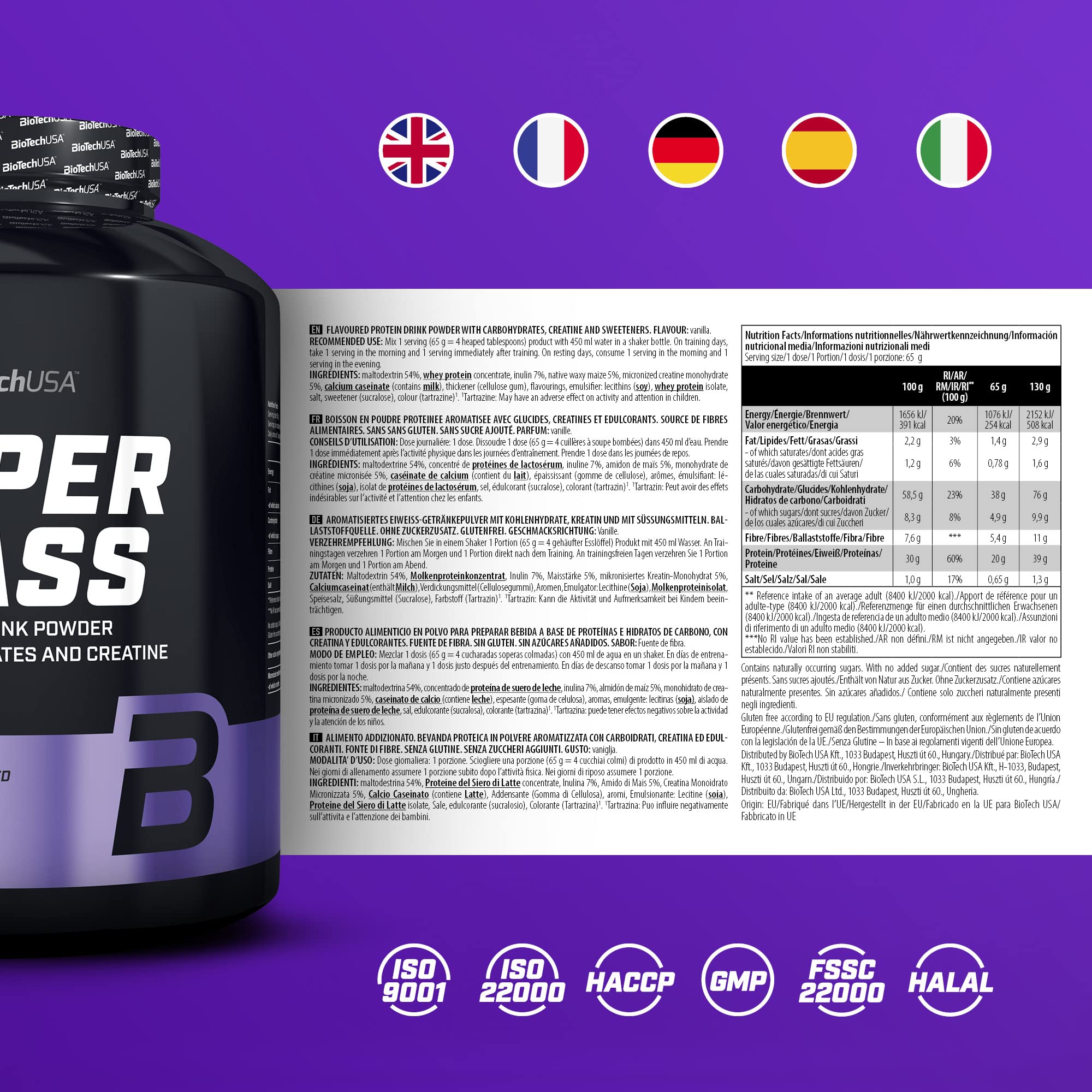 BioTechUSA Hyper Mass Gainer Protein Powder - Vanilla Flavor 4000g for Muscle Growth & Weight Gain - Post Workout Recovery Shake for Athletes & Bodybuilders