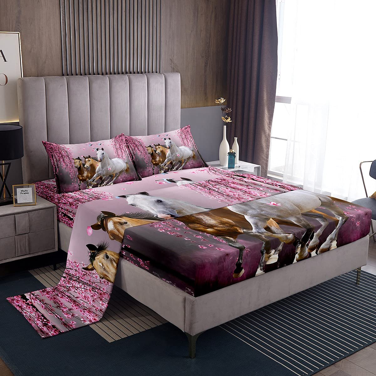 Feelyou 3D Wild Horse Bed Sheets Set for Boys & Girls - Cherry Blossom Branches Design, Twin Size 3-Piece Kids Bedroom Decor (Perfect for Teens Room, Nursery, or Wild Animal Themed Bedroom)