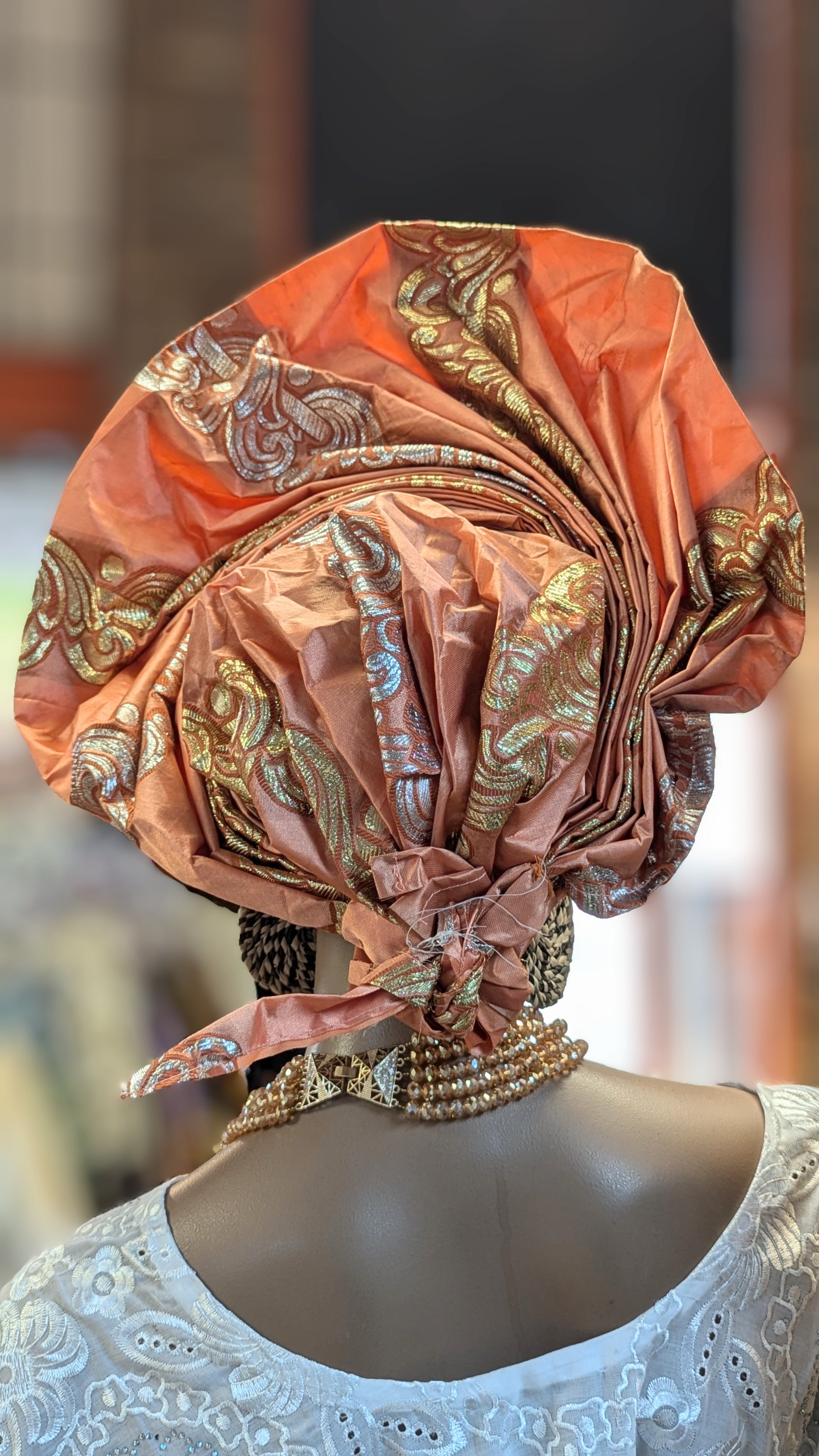Peach Gold Silver Nneoma Crown Autogele Pre-Tied Ready Gele Head Wrap - Elegant African Headpiece for Weddings, Parties & Special Occasions | DPAGHT10