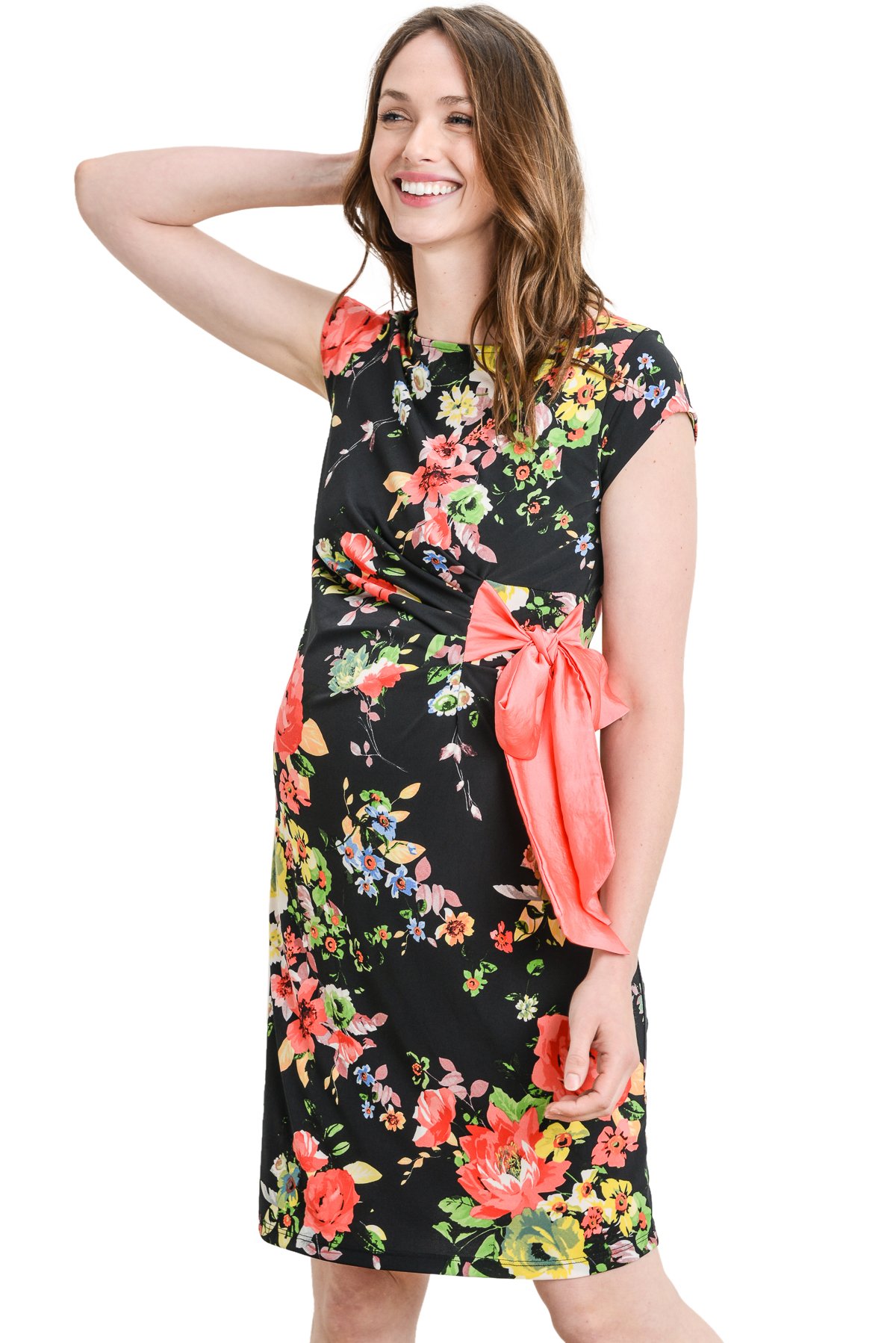 LaClef Women's Cap Sleeve Maternity Dress with Adjustable Side Tie - Comfortable Pregnancy Clothes for Work, Baby Shower & Everyday Wear