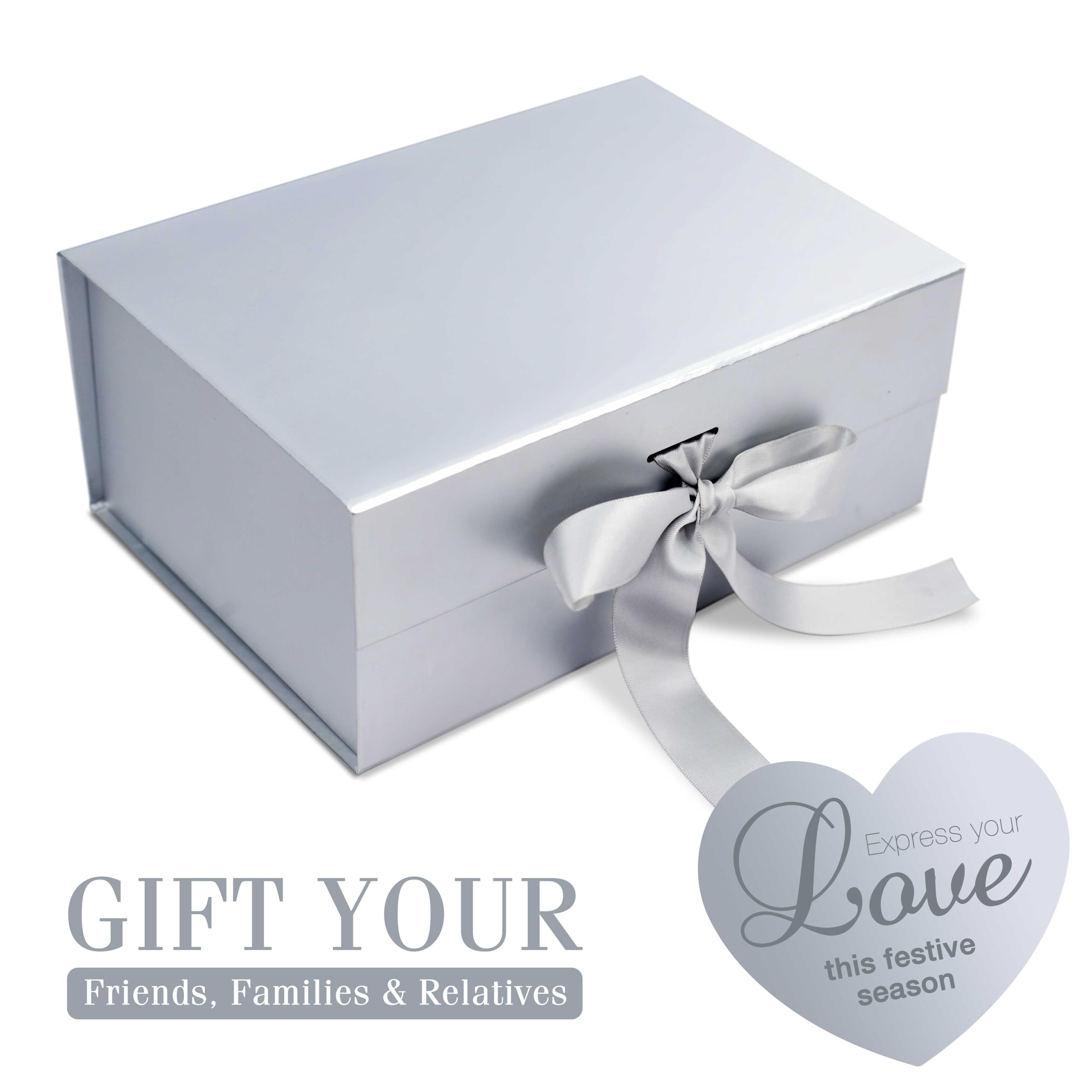 Premium Matte Silver Luxury Gift Box - 23x16x10cm Rigid Foldable Packaging Box with Matching Ribbon for Jewelry, Watches & Luxury Gifts | Holds up to 5kg | Elegant Wedding, Anniversary & Corporate Gift Packaging Solution