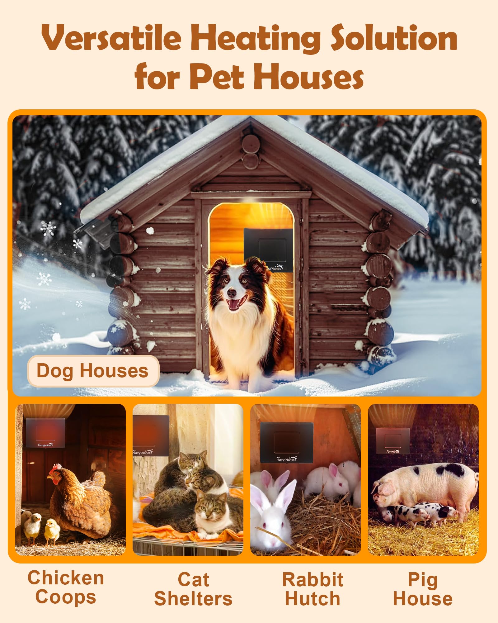 400W Outdoor Dog House Heater with Thermostat & Overheat Protection - Adjustable Temperature Knob, 6.5FT Chew-Proof Cord - Perfect for Winter Dog Kennels, Chicken Coops, Cat & Rabbit Hutches - Keep Pets Warm in Cold Weather