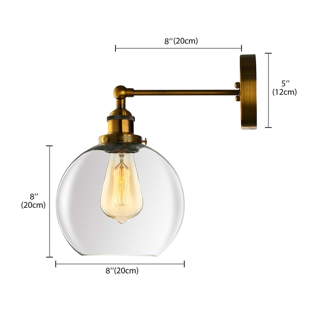 Industrial Single Light Glass Wall Sconce - LITFAD LED Edison Bulb Fixture with Antique Clear Glass Globe Shade for Bedroom, Living Room, Hallway & Restaurant Lighting Decor