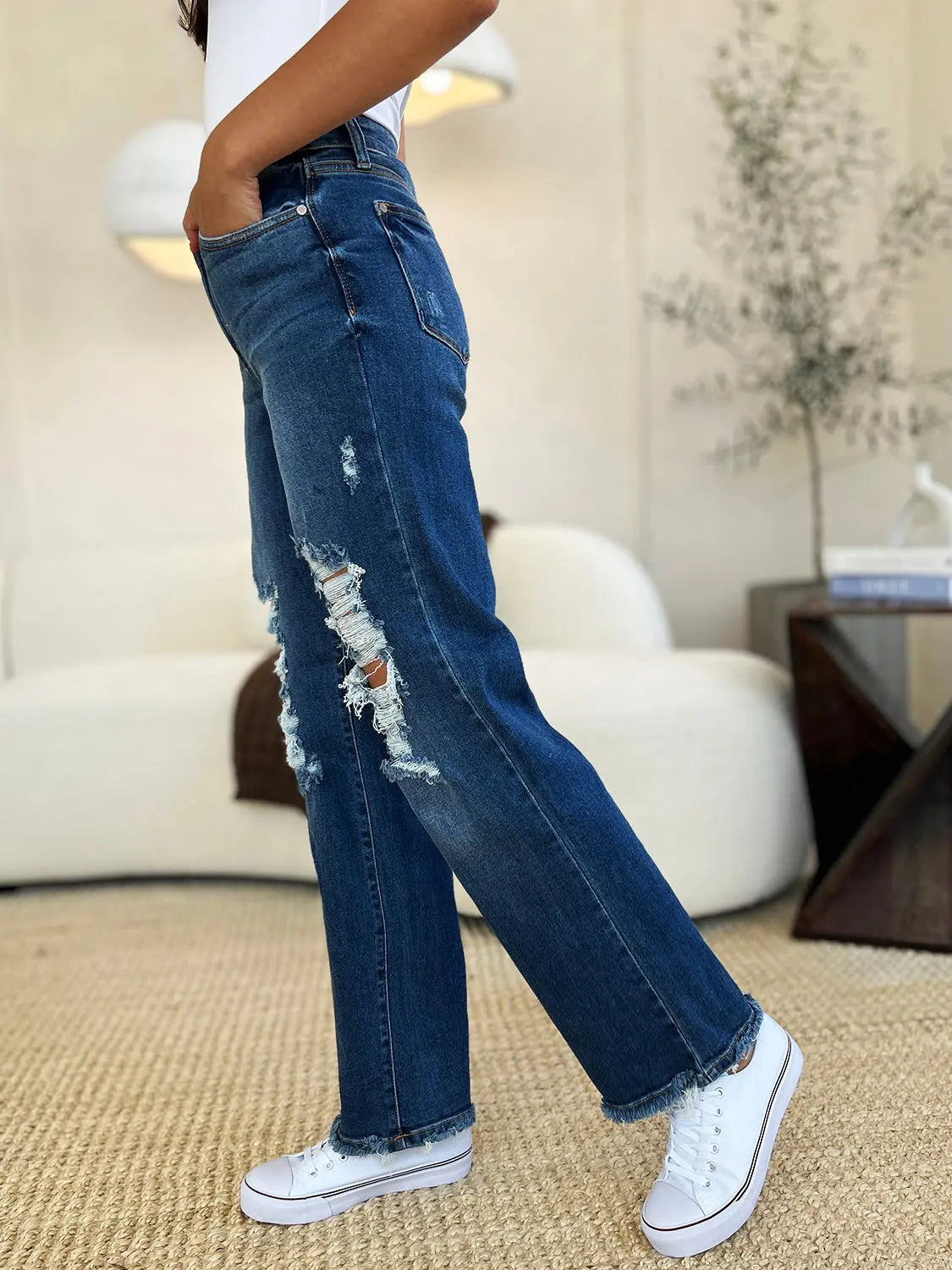 Judy Blue Women's Mid Rise Distressed Raw Hem Jeans - Comfortable Stretch Denim for Casual Wear & Everyday Outfits