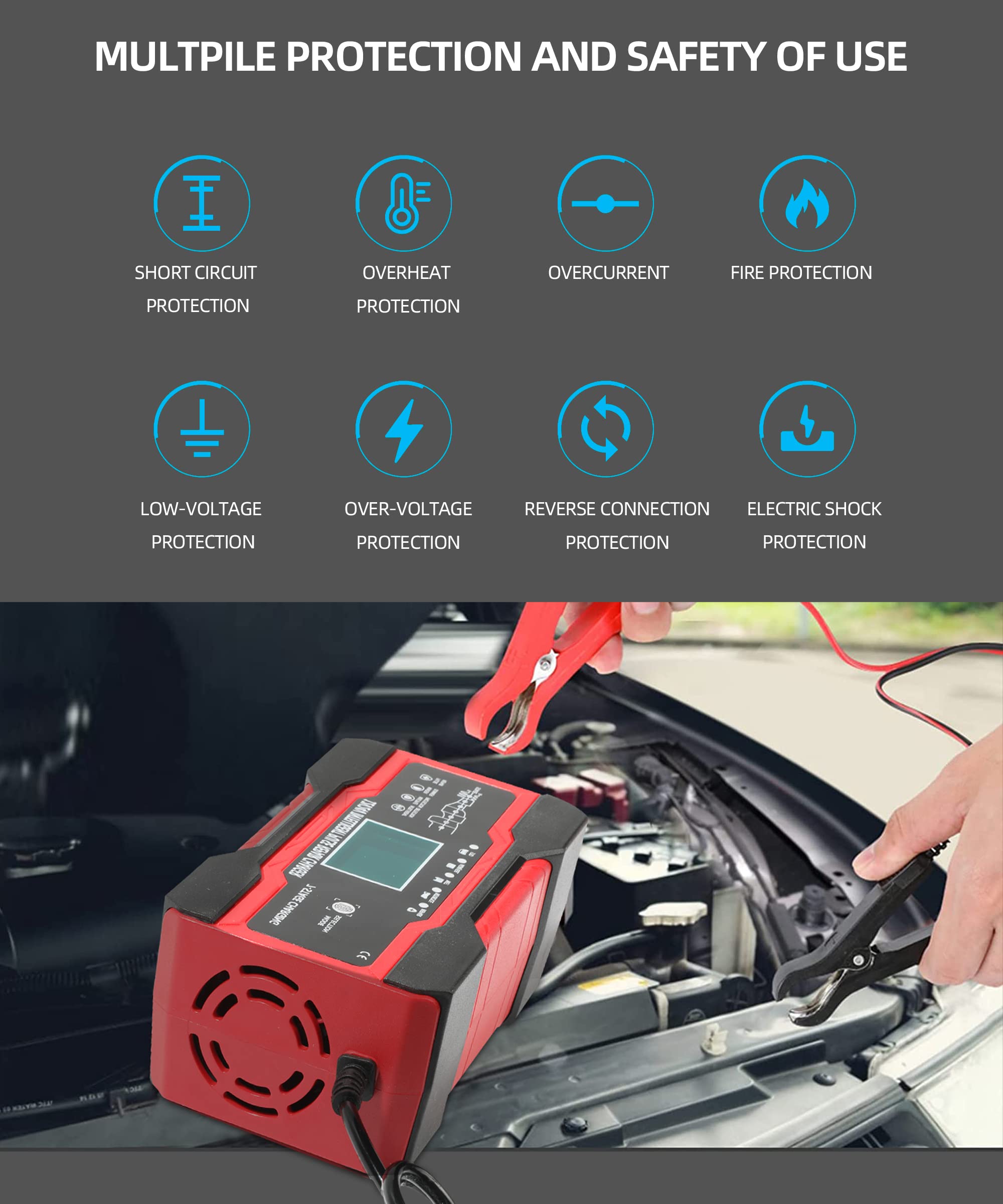 8-Amp 12V/24V Smart Car Battery Charger with Temperature Sensor & Desulfator - Automatic Trickle Charger for Cars, Trucks, Motorcycles, Lawn Mowers & Boats - Perfect for Winter Storage & Emergency Jump Starts